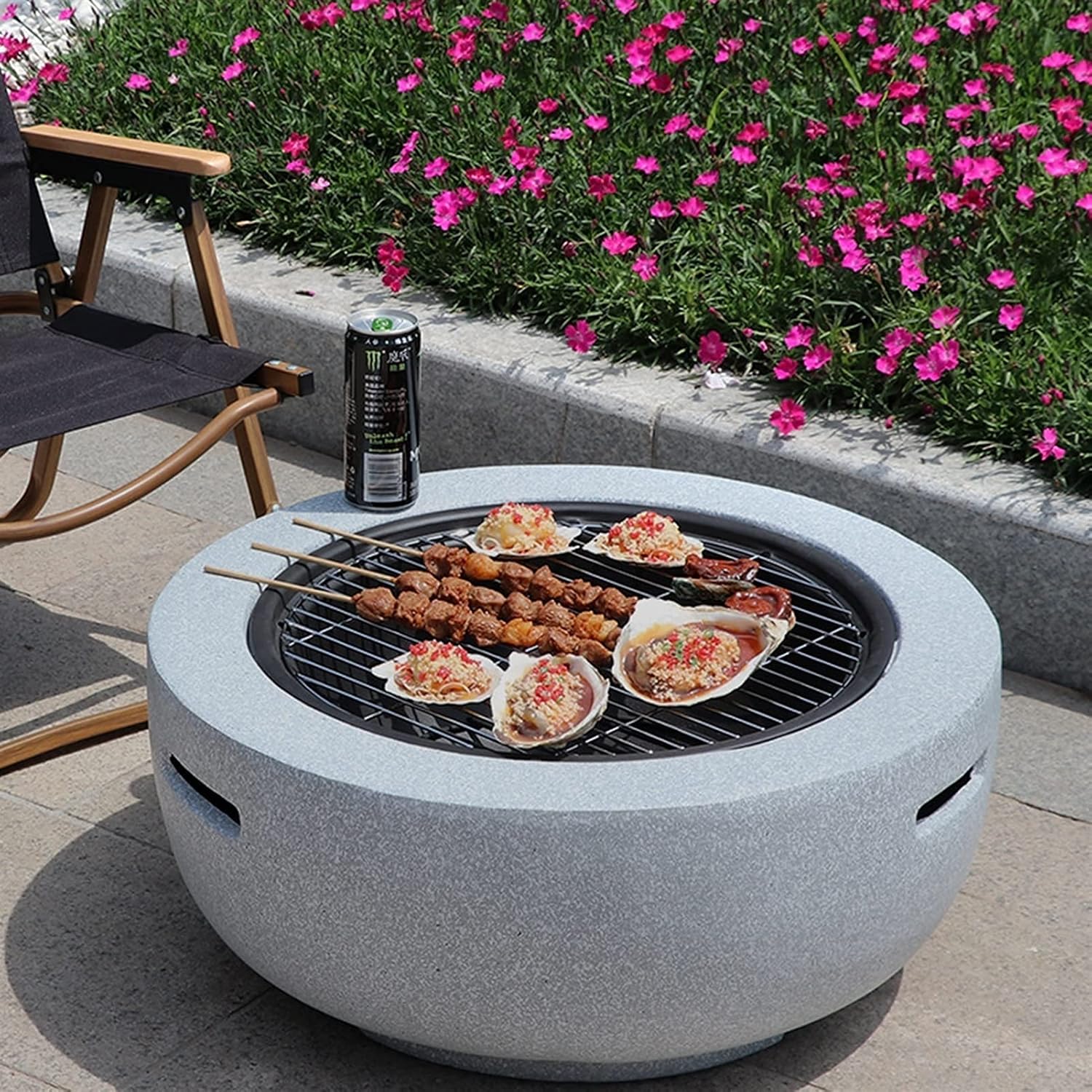 Outdoor Fire Pit Garden Terrace Imitation Stone BBQ Table, Outdoor Wood Burning Fire Bowl with Spark Screen and Poker