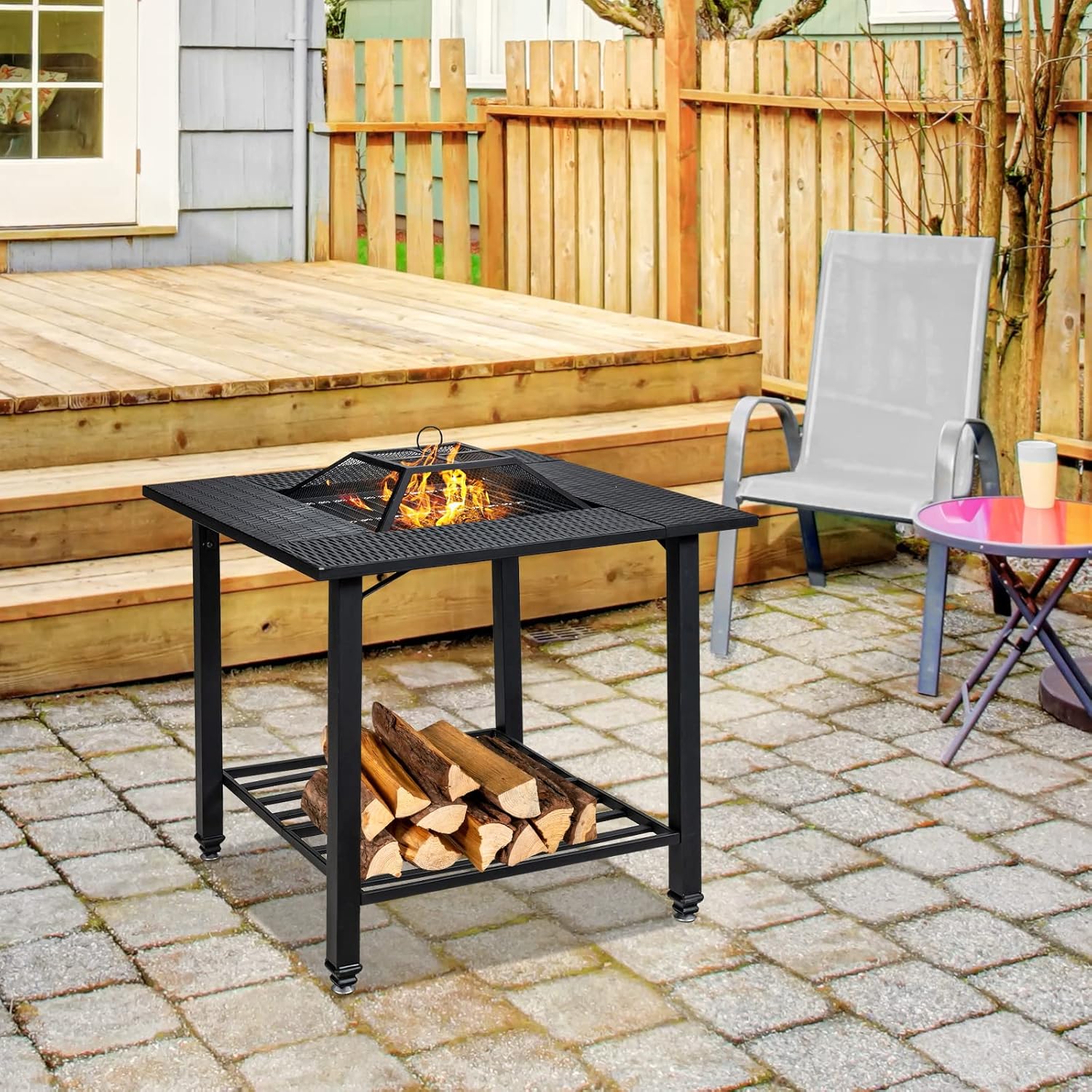 Tangkula 4 in 1 Outdoor Fire Pit, Heavy Duty Metal Square Wood Burning Fire Pit with Spark Screen Cover, Removable Lid, Cooking Grate, Log Grate and Fire Poker, BBQ Garden Fireplace for Heating
