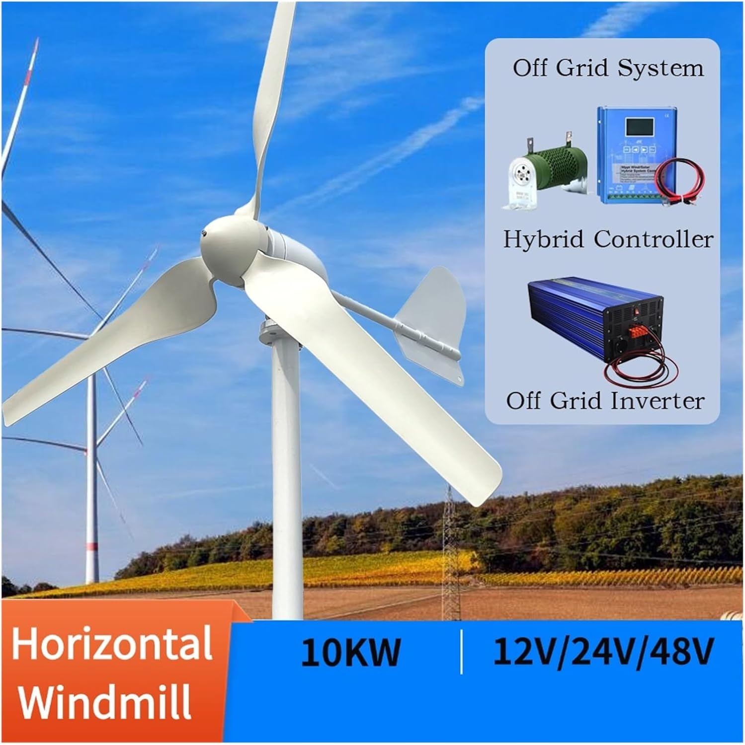 10KW 3 Blades Horizontal Wind Turbine Generator 12v 24v 48v with Mppt/Hybrid Charge Controller Windmills for Farm Home Low Starting Speed for Home(Hybrid Control,12V)