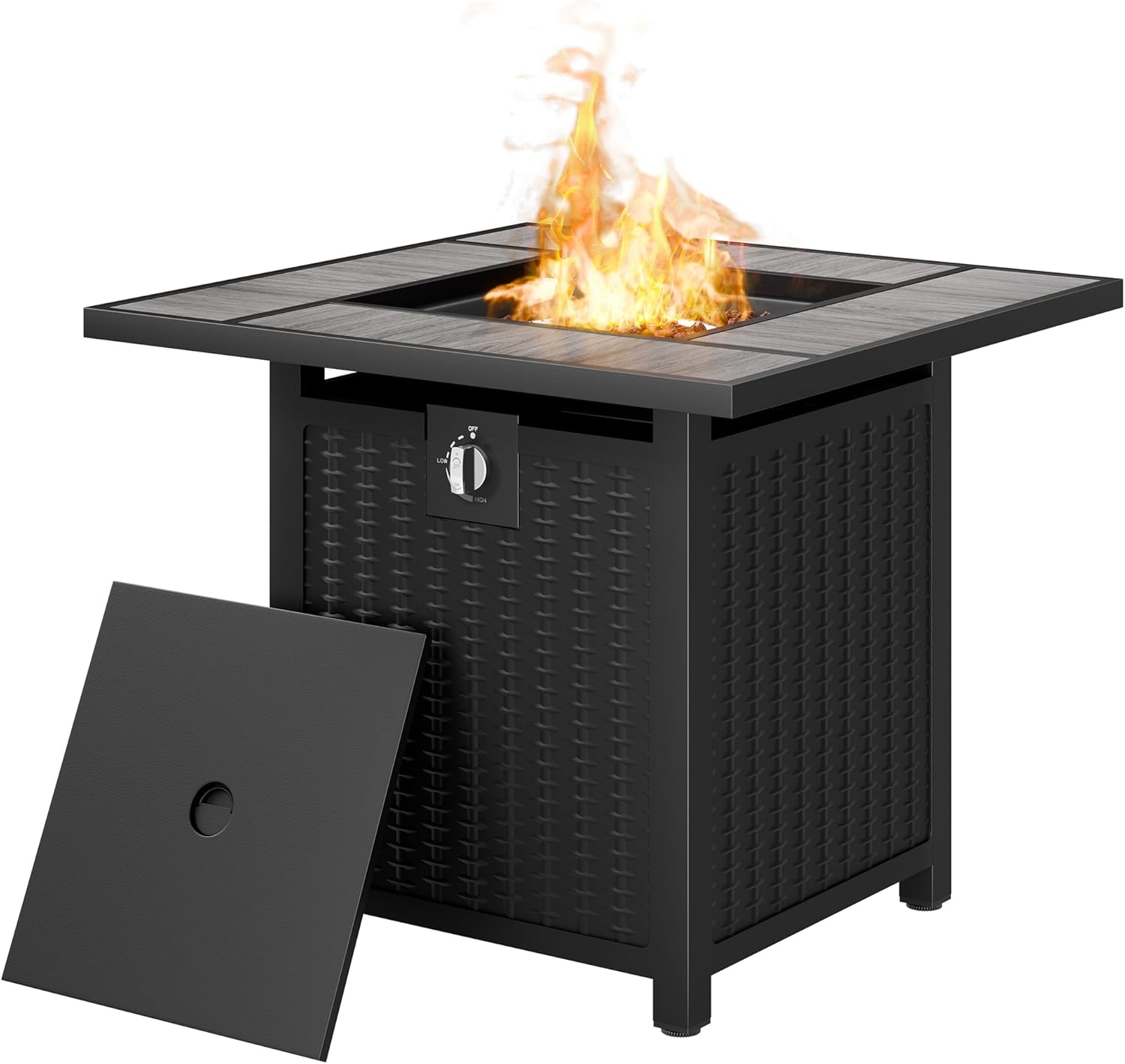 Vongrasig 30 Inch Propane Fire Table, 50,000 BTU Outdoor Gas Fire Pit Table, Square Tabletop with Lid,Lava Rock,Rain Cover for Outside Paito,Garden,Backyard (Grey Top)