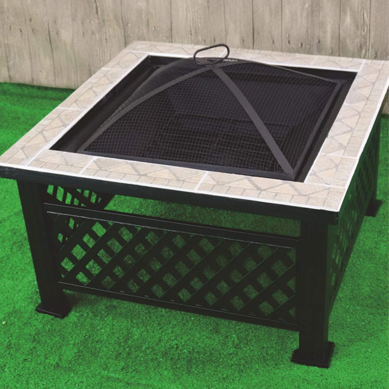 Square Fire Pit Table,Built-in Fire Bowl Table,Metal Bonfire Firepit with Mesh Spark Screen Cover,Outdoor Patio Heater Wood Burning,Garden Fireplace for Camping
