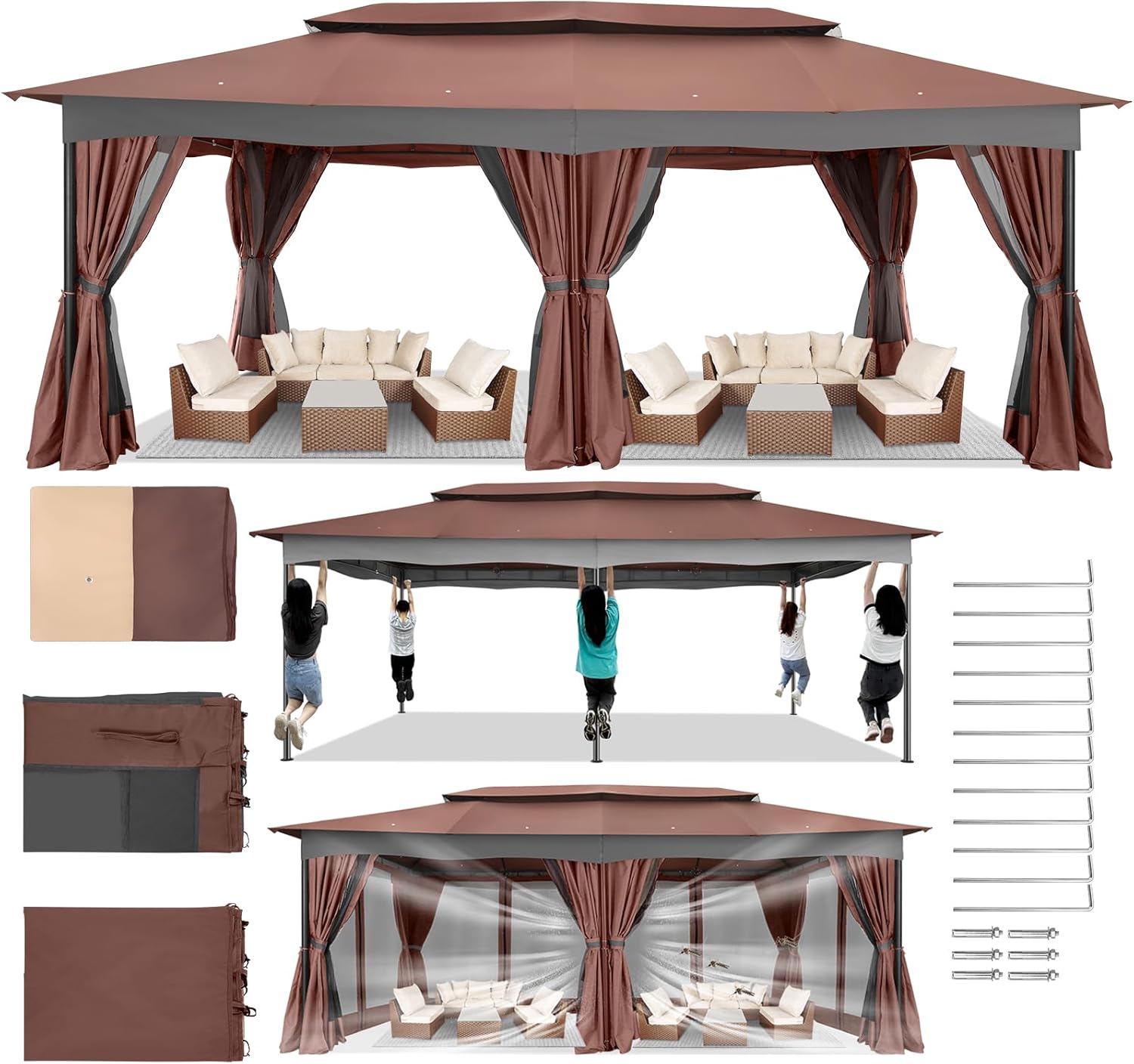 COBIZI Gazebo 12x20 Heavy Duty Gazebos with Curtain and Netting Outdoor Gazebo Canopy Double Roof Patio Gazebos with Metal Steel Frame for Patio, Deck, Backyard-Brown