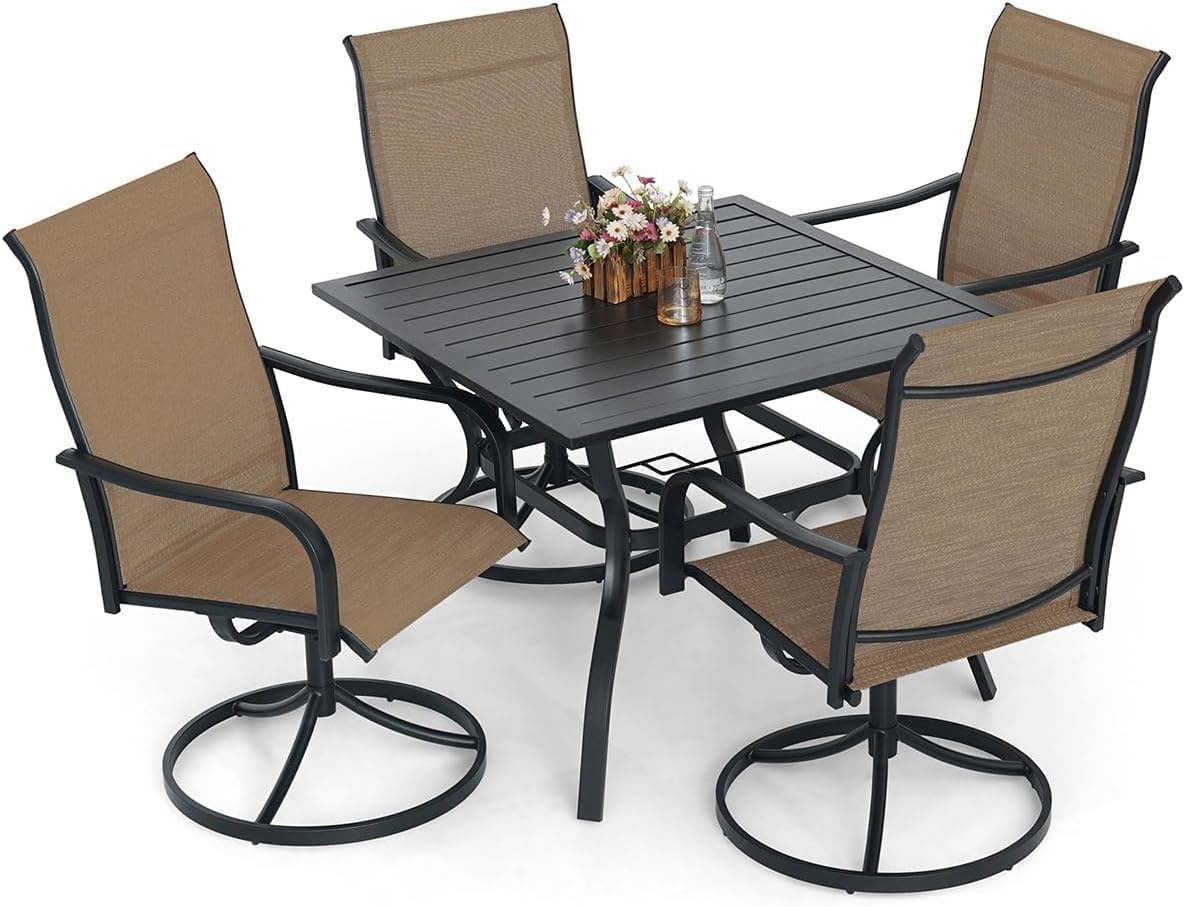 5-Piece Outdoor Dining Set, 35'' Square Table with 4 Swivel Chairs, All Weather Frame Furniture Set - Brown Style2