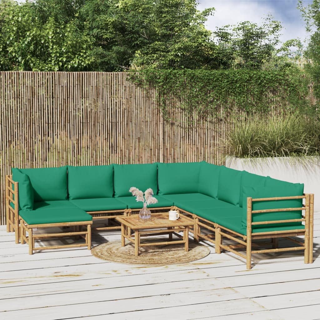 Furniture Sets 9 Piece Patio Lounge Set with Green Cushions Bamboo,Relaxing Oasis: Naturally-derived Bamboo Patio Lounge Set for Outdoor Comfort Garden Conversation Sets