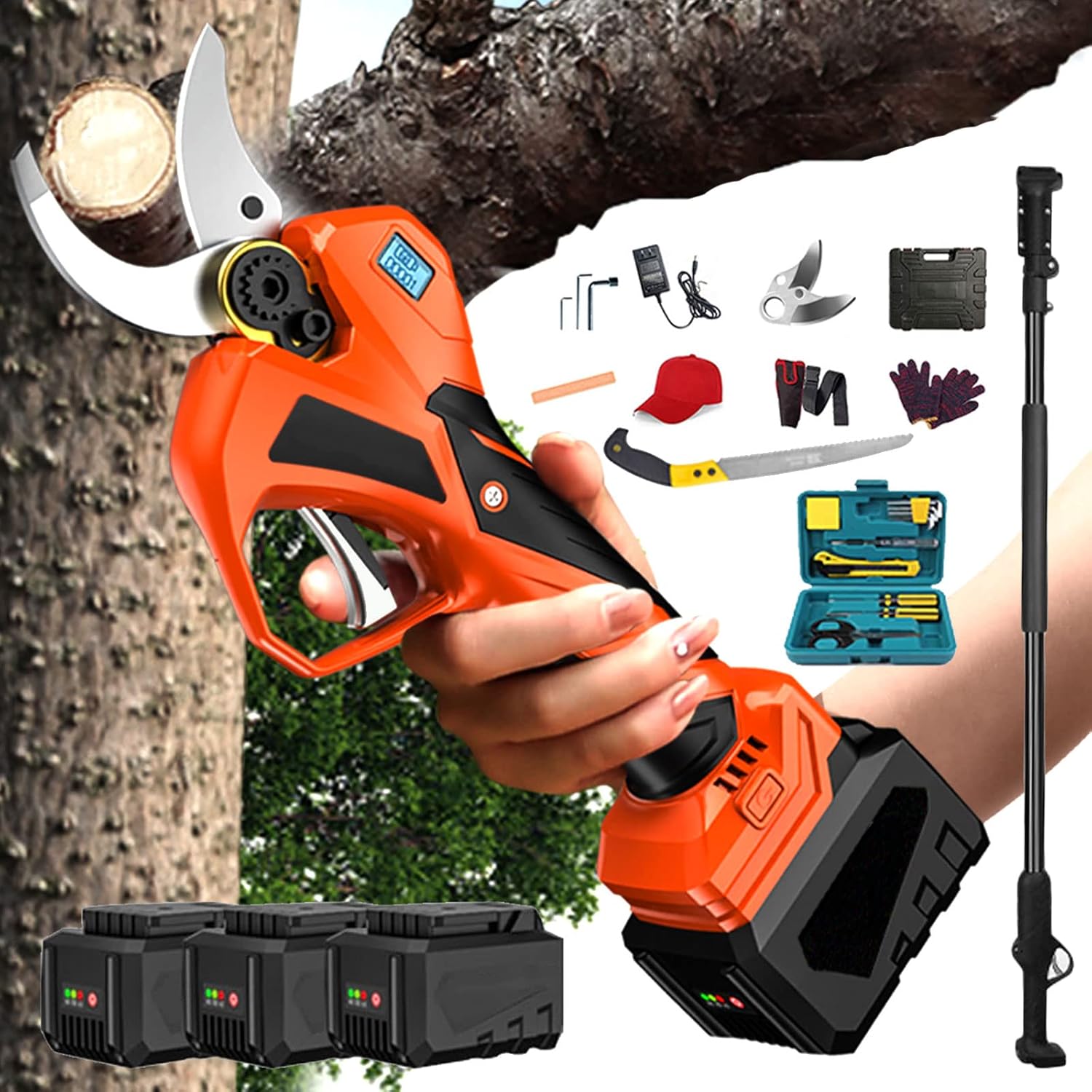 Cordless Electric Pruning Shears with Cutting Times Indicator, 21V Professional Cordless Pruner Electric Pruning Shears with Extension Pole, 54Mm Cutting Diameter for Tree Branch Brushes