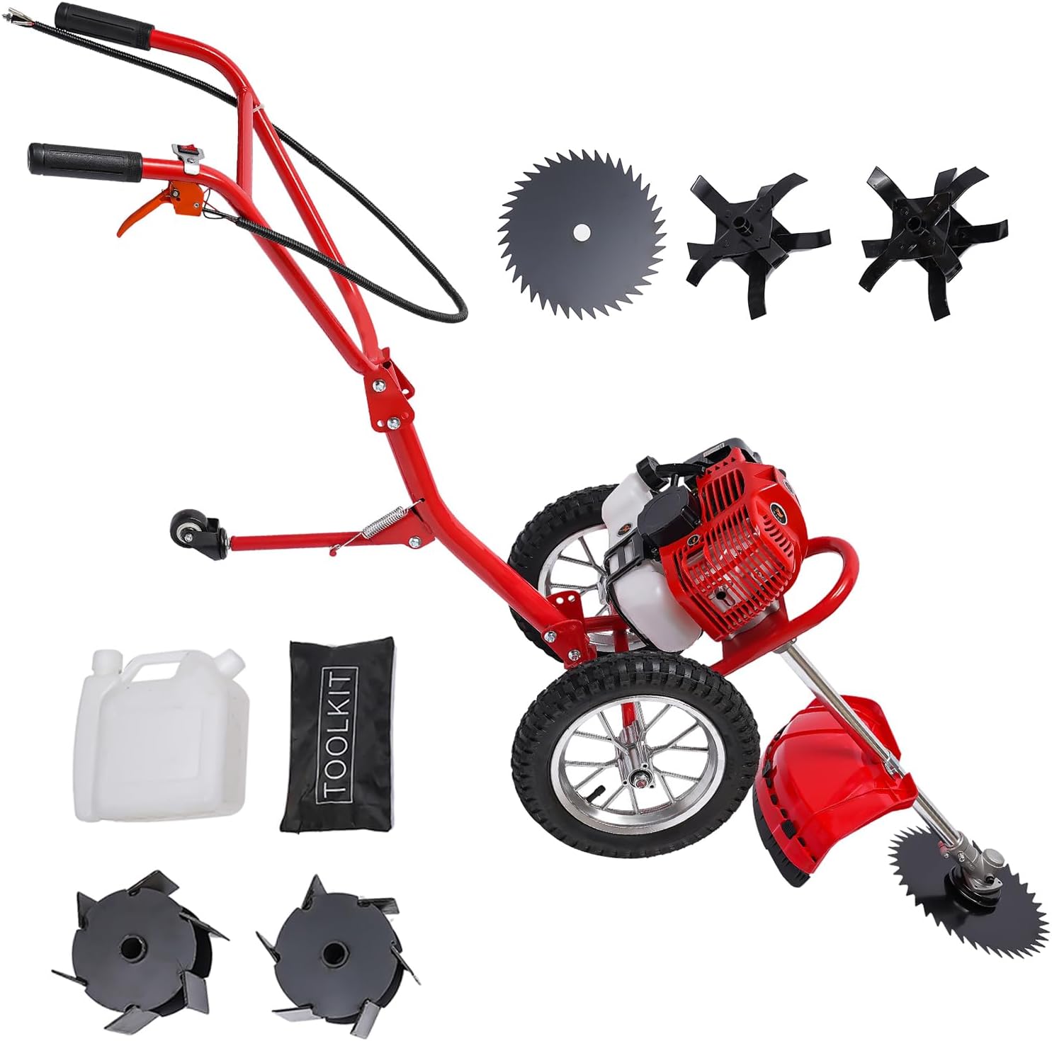 49CC 2-Stroke Gas Lawn Mower, 1.8KW Push Weed Eater & Lawn Trimmer, 2 in 1 Walk Behind Brush Cutter for Efficient Weed Removal Grass Cutting & Soil Loosening
