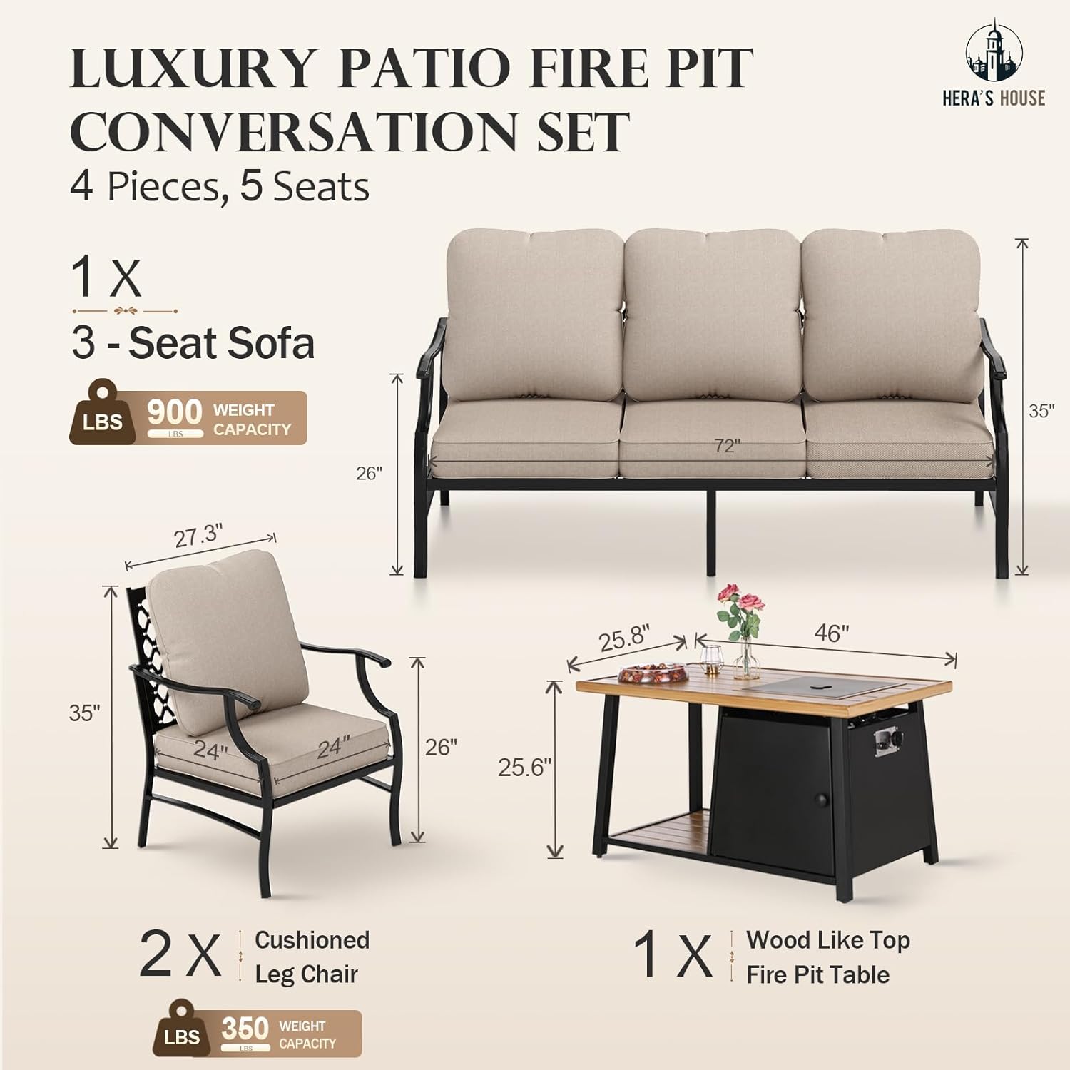 HERA'S HOUSE 4 Pieces Patio Fire Pit Furniture Set, 2 x Single Chair, 3-Seat Sofa with 46