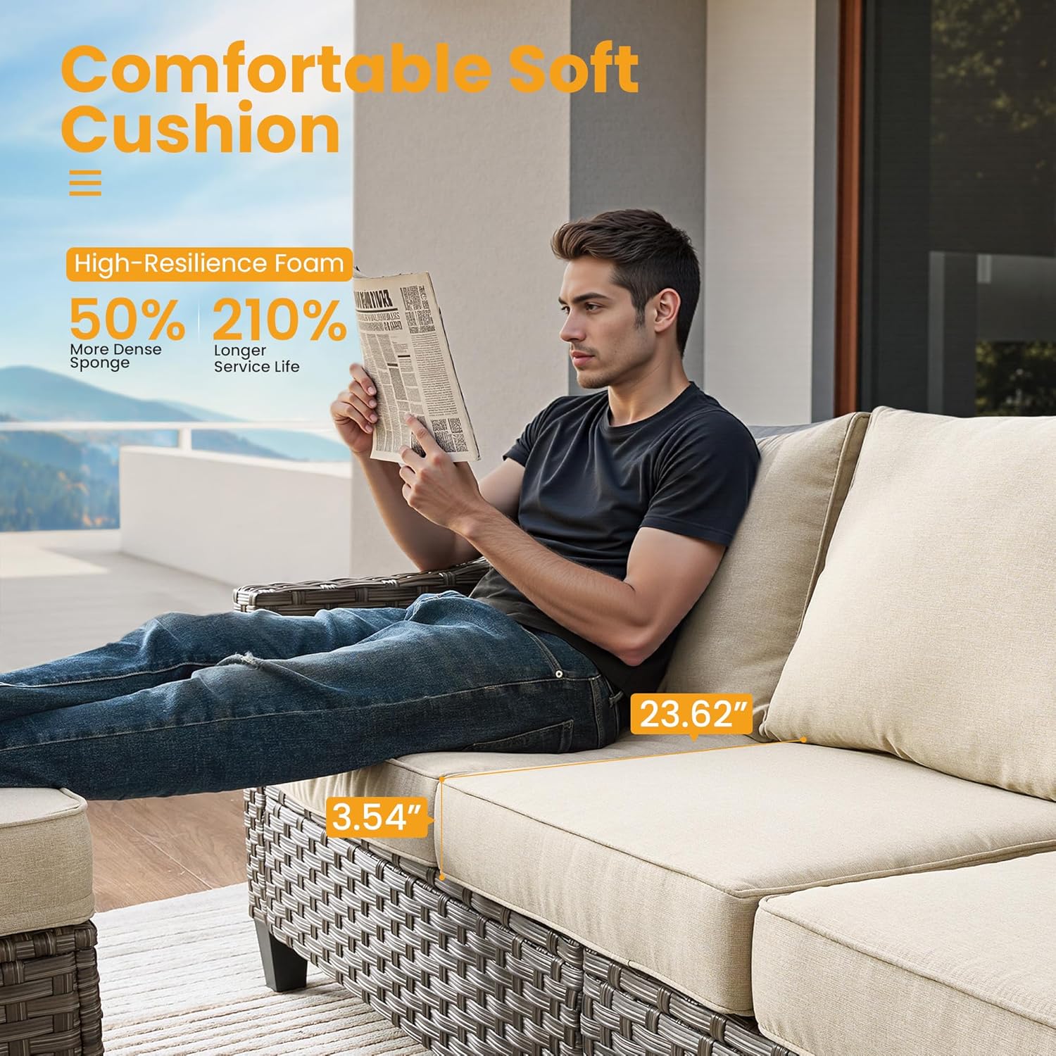 10 PCS Outdoor Patio Furniture 54in Set with Fire Pit Table, All-Weather Rattan Wicker Conversation Group with Deep Seating, High Back Comfort for Porch, Backyard, Beige