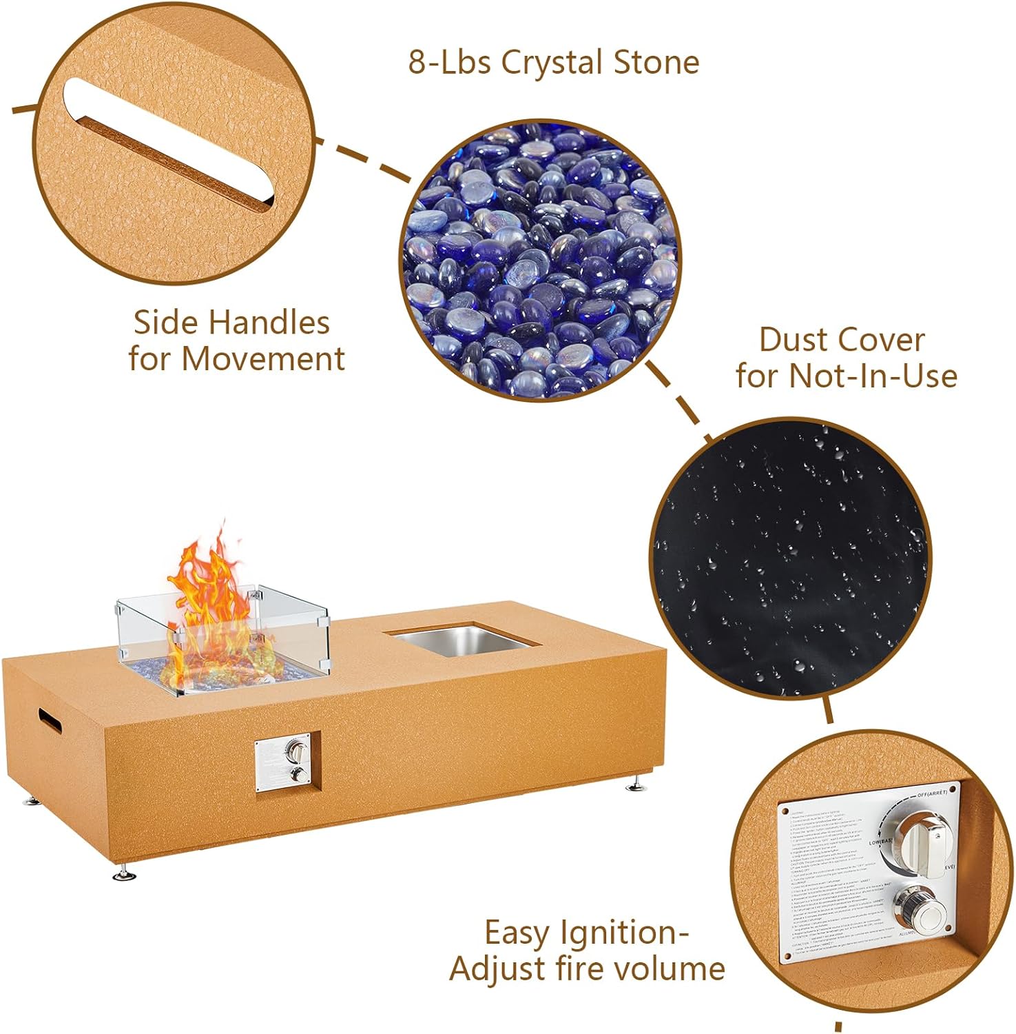 56 Inch Propane Fire Pit Table with 50000 BTU, Dual-Use 36-Inch Rectangular Fire Table, Wind Guard Glass, 11LB Glass Beads, Waterproof Rain Cover, for Outdoor Yard and Garden