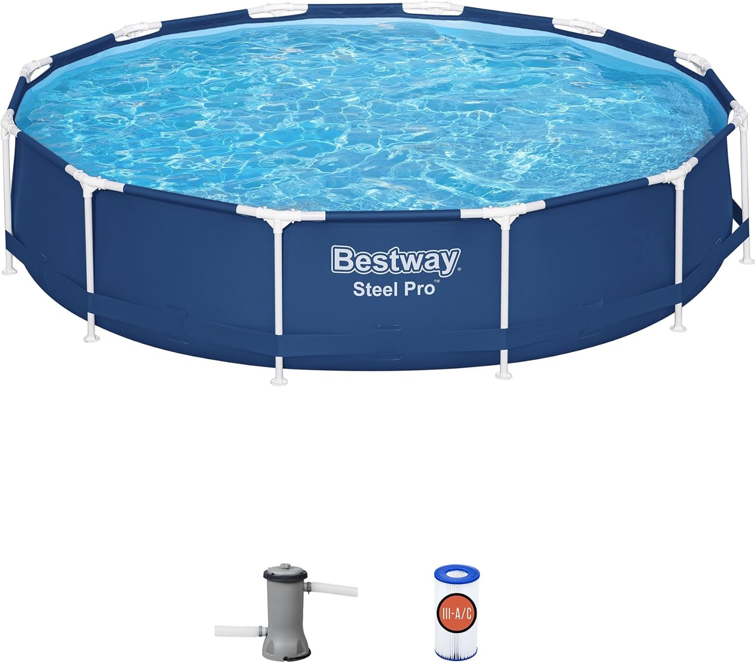 Bestway Steel Pro 12 feet x 30 inches Round Above Ground 1,710 Gallon Pool Set with DuraPlus Liner, 530 Gallon Pool Filter, and Repair Patch