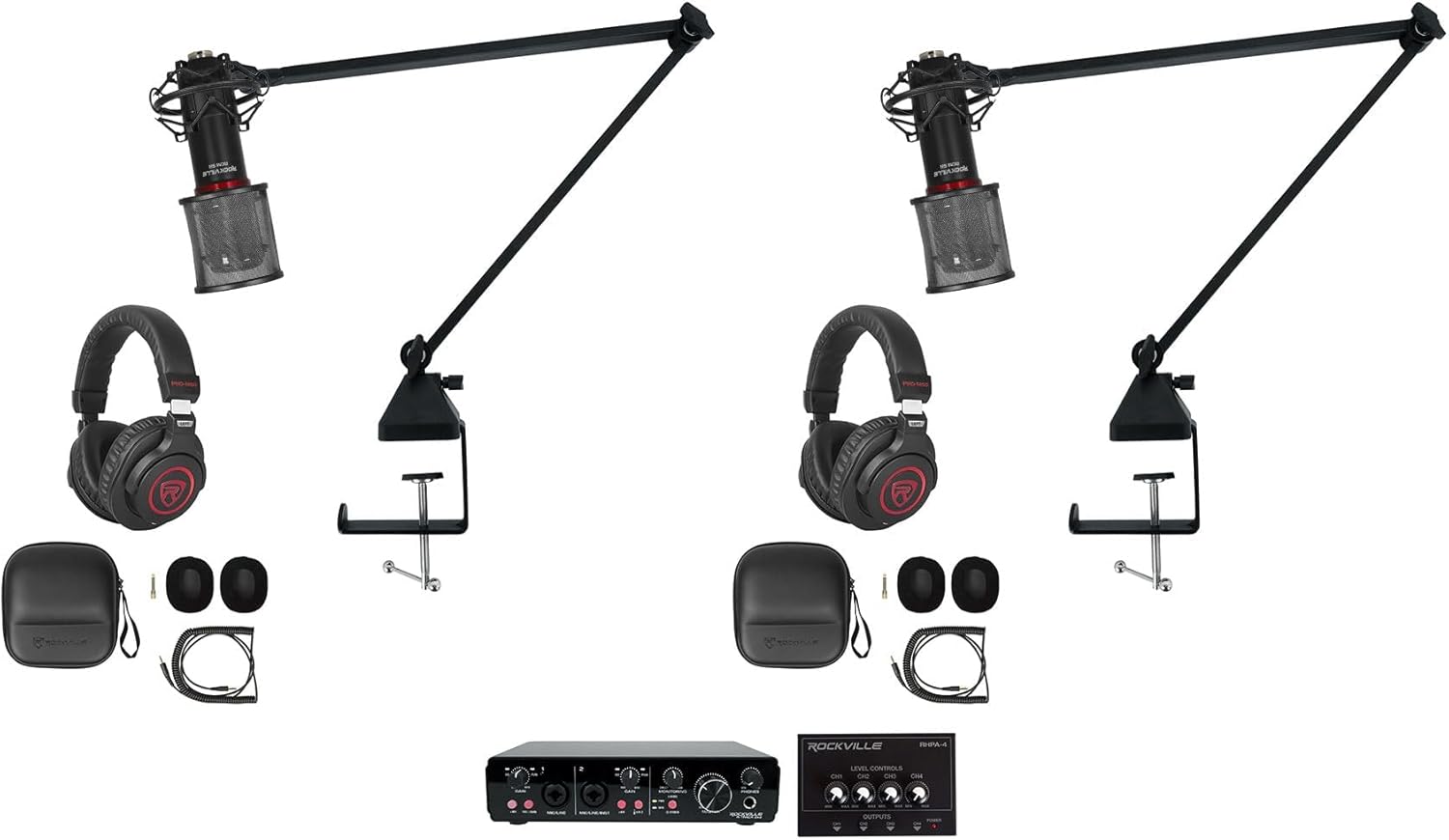 Rockville R-TRACK 2x2 Bundle: USB audio interface 24 Bit 192 kHz, (2) RCM SR condenser mics, (2) PRO-M50 SR studio headphones, (2) R-BOOM 34 boom arms, RHPA4 4-channel monitor amp, TRS cable, 9-items
