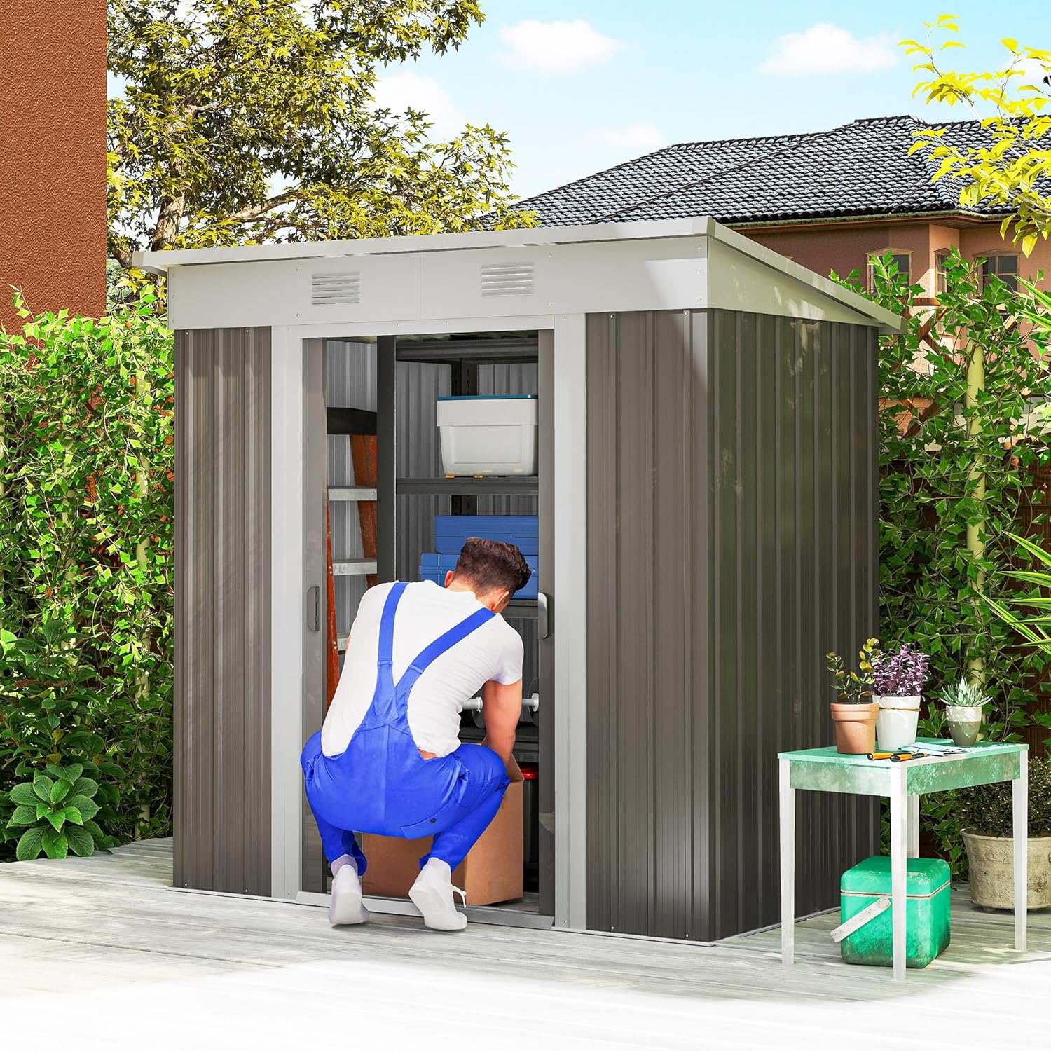 Outsunny 6' x 4' Metal Lean to Garden Shed, Outdoor Storage Shed, Garden Tool House with Double Sliding Doors, 2 Air Vents for Backyard, Patio, Lawn, Gray