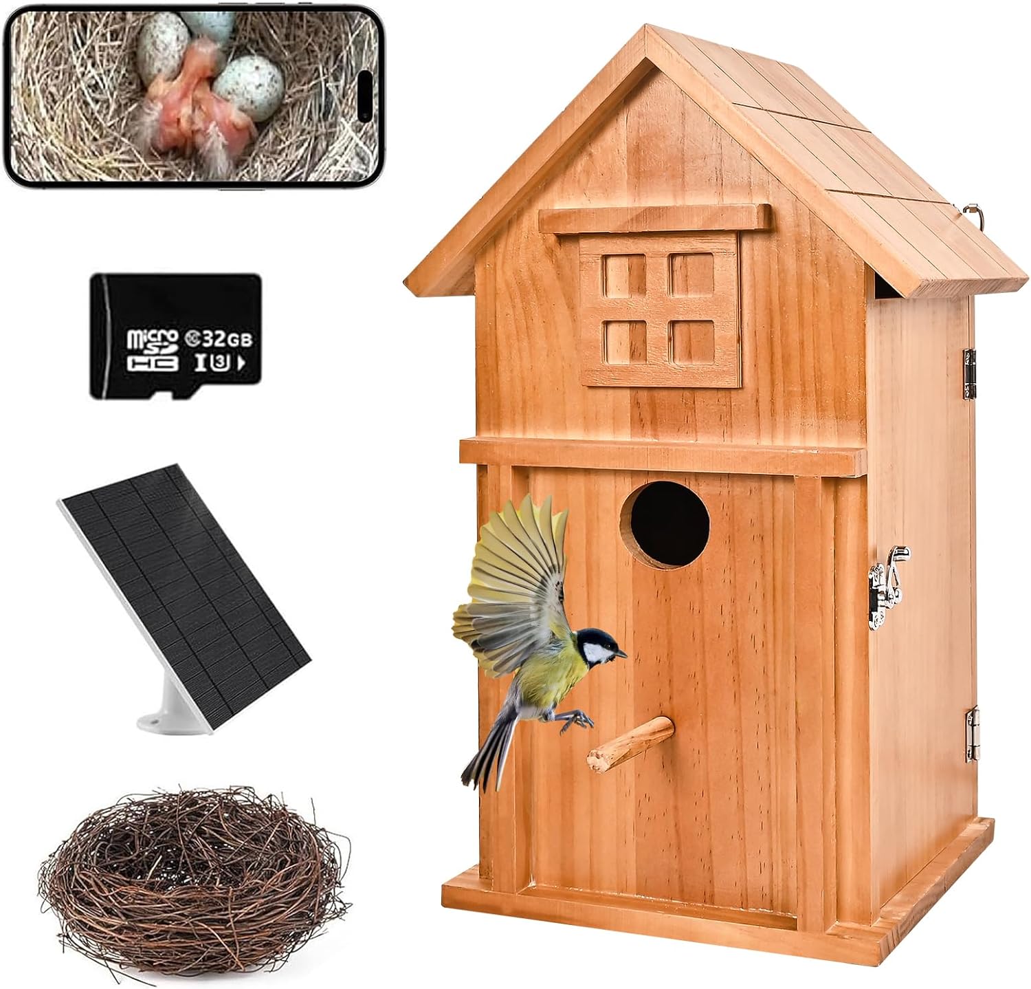 Bird House with Camera Solar Powered 1080P HD Outdoor Design, 2.4G WiFi, Auto Capture Bird Video & Motion Detection, Night Vision, (Dark)