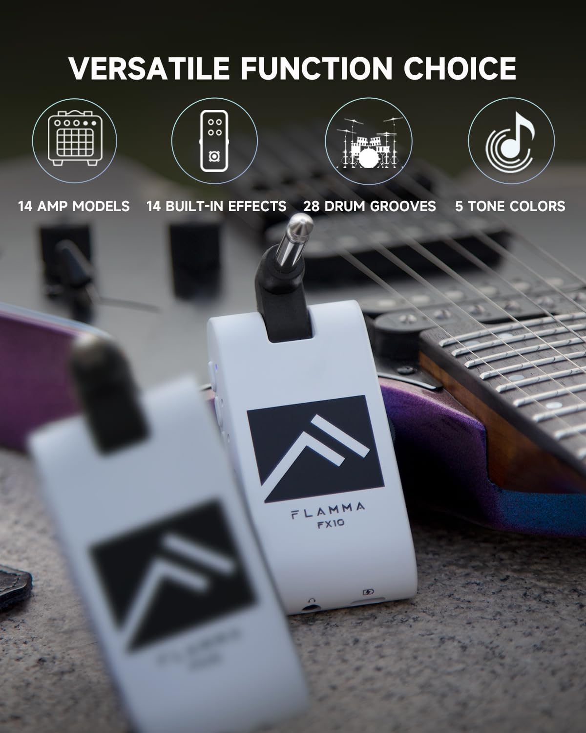 FLAMMA Guitar Headphone Amp Portable with 28 Drum Grooves 14 Built-in Effects 14 Amplifier Models 5 Tone Colors Support Bluetooth USB Audio Recording and Playback OTG Function Home Practice