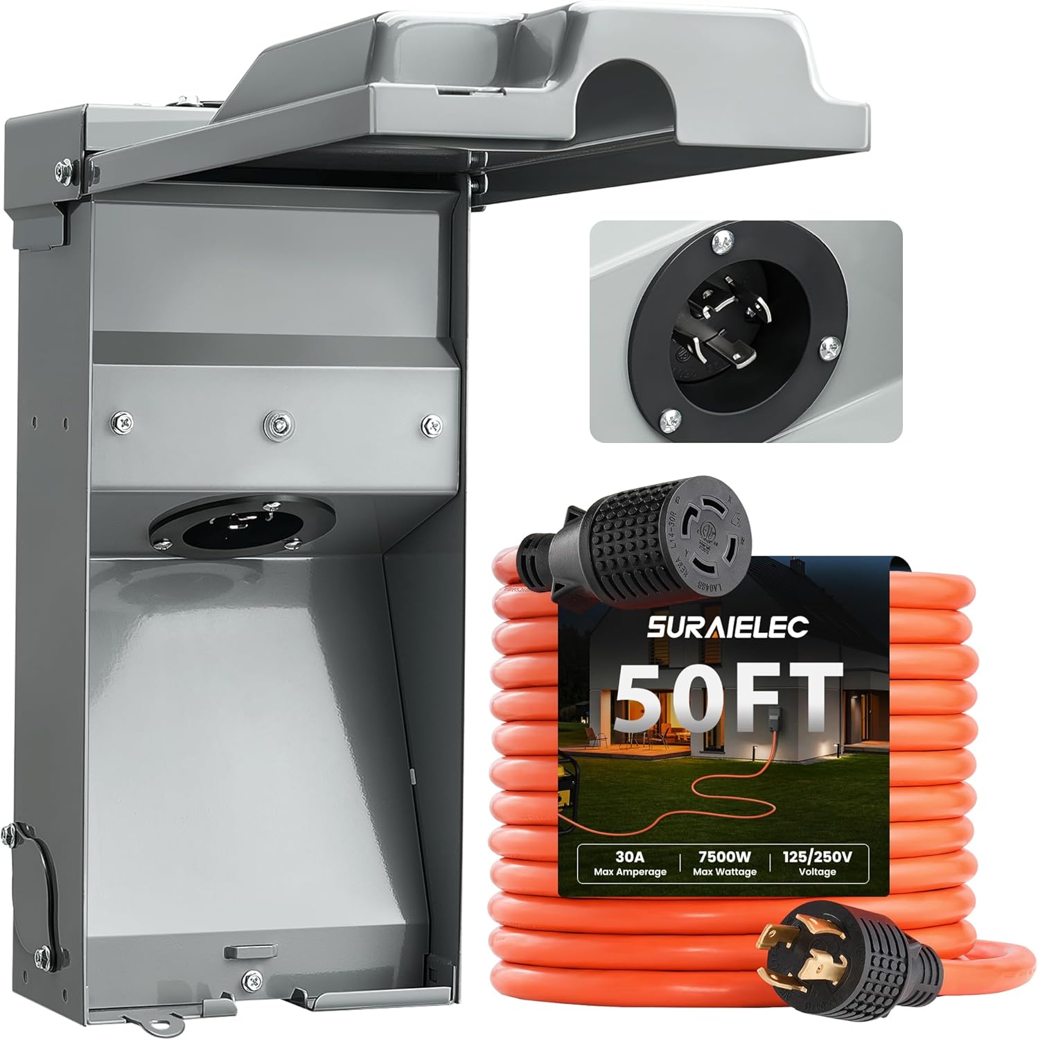 SURAIELEC 30 Amp 50FT Generator Cord and Power Inlet Box, Generator Box with 4-Prong Generator Cord, NEMA L14-30P to L14-30R Generator Cord Waterproof Combo Kit for Snowstorm, ETL Listed Outlet