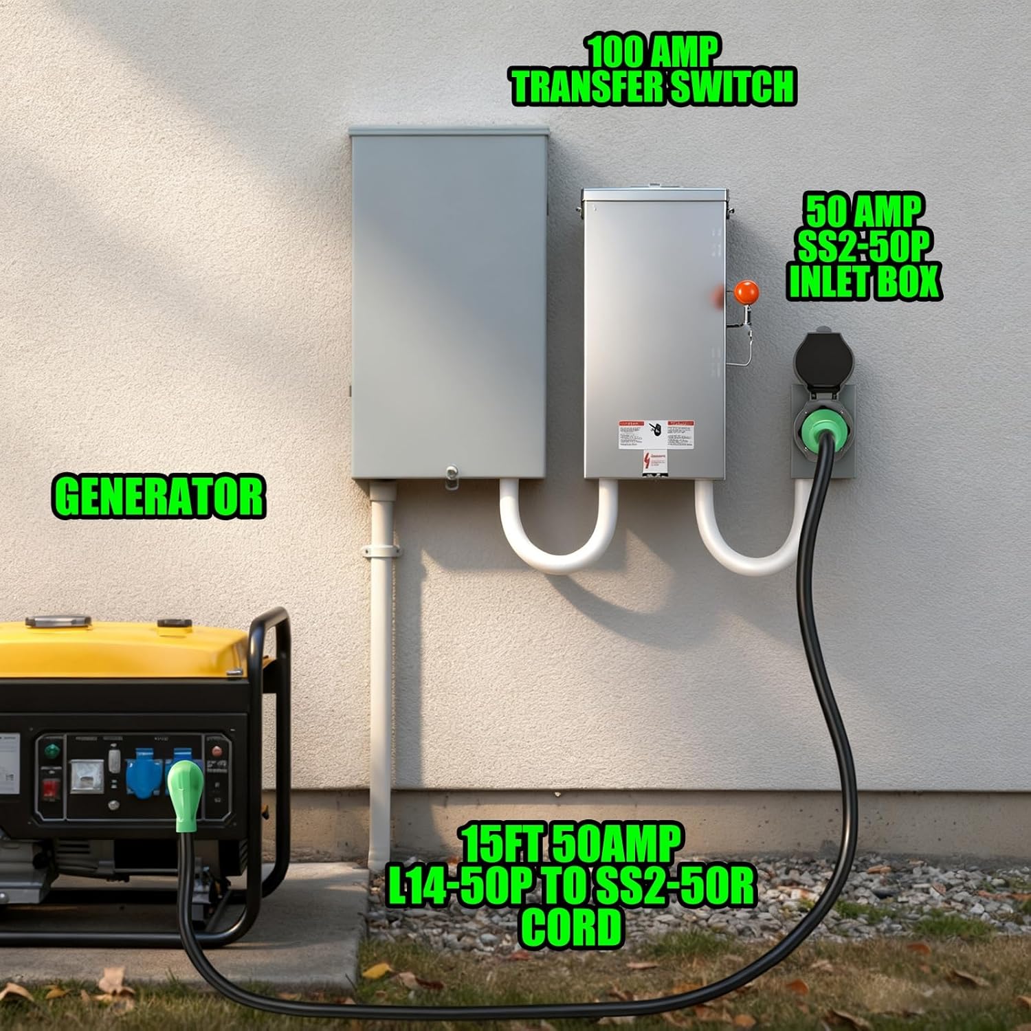 Kanayu 50 Amp Generator Transfer Switch Kit, Includes 100 Amp Manual Transfer Switch, Ss2-50r Inlet Box, 15 ft 14-50p to Ss2-50r Power Cord for Generator Winter Backup Indoor Outdoor Use, Etl Listed