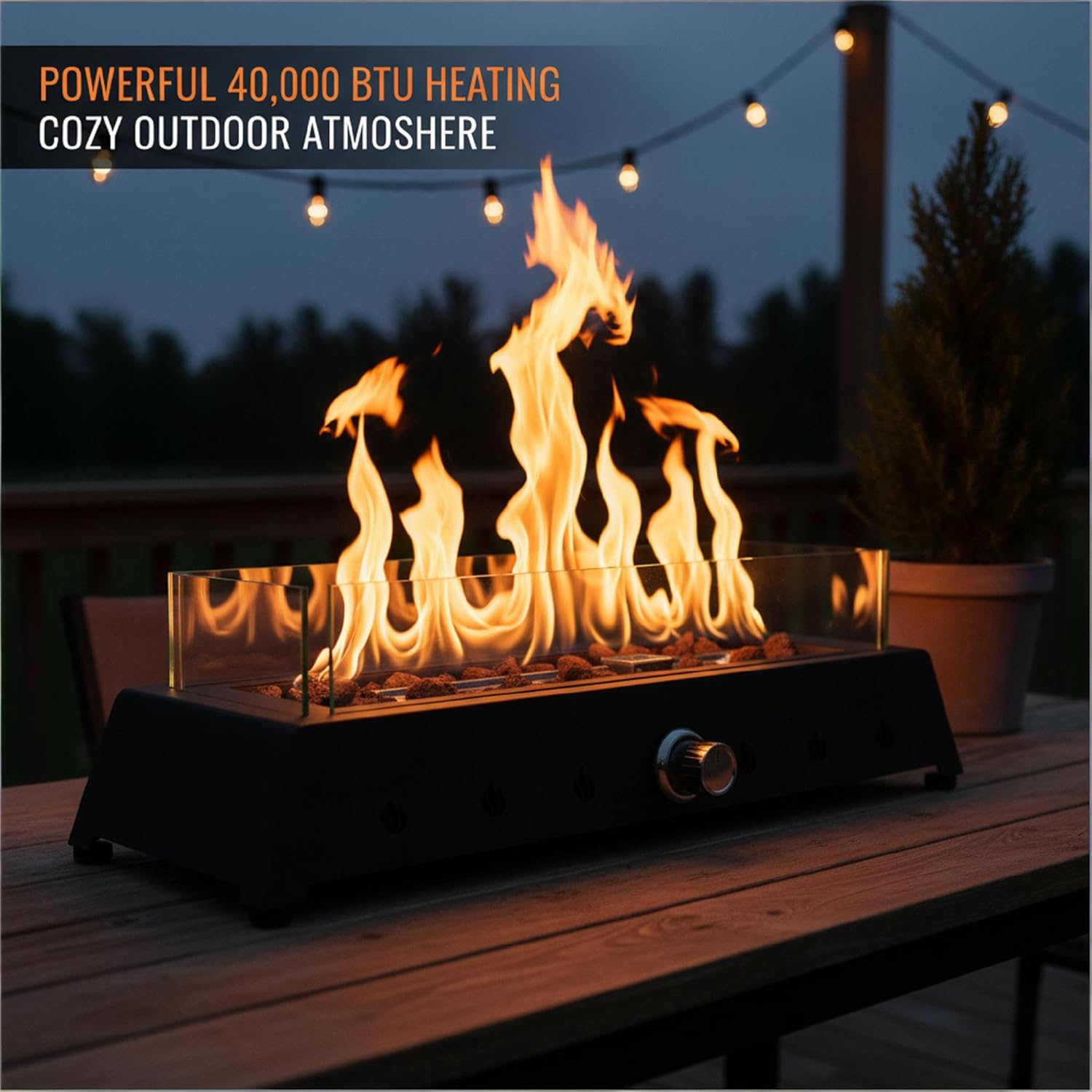 Propane Fire Pit Table, 40,000 BTU 28 Inch Rectangular Outdoor Tabletop Fire Pit with Glass Wind Guard, Black Steel Fire Pit, Portable Gas Fire Pits for Patio Balcony Garden, Not Included Propane