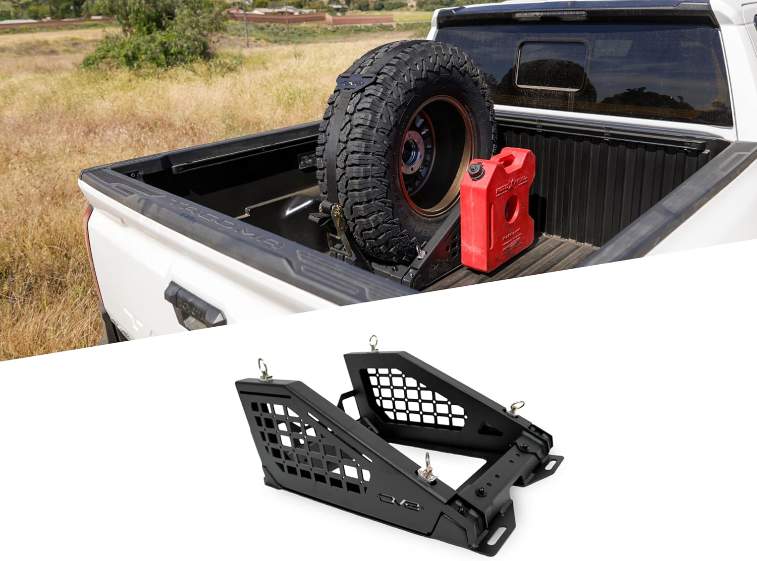 DV8 Offroad Truck Bed Universal Tire Carrier & Accessory Mount | Featured Side Molle Panels for Mounting Gear & Supplies | Adjustable for Carrying Various Sized Tires and Bikes | Powder Coated Finish