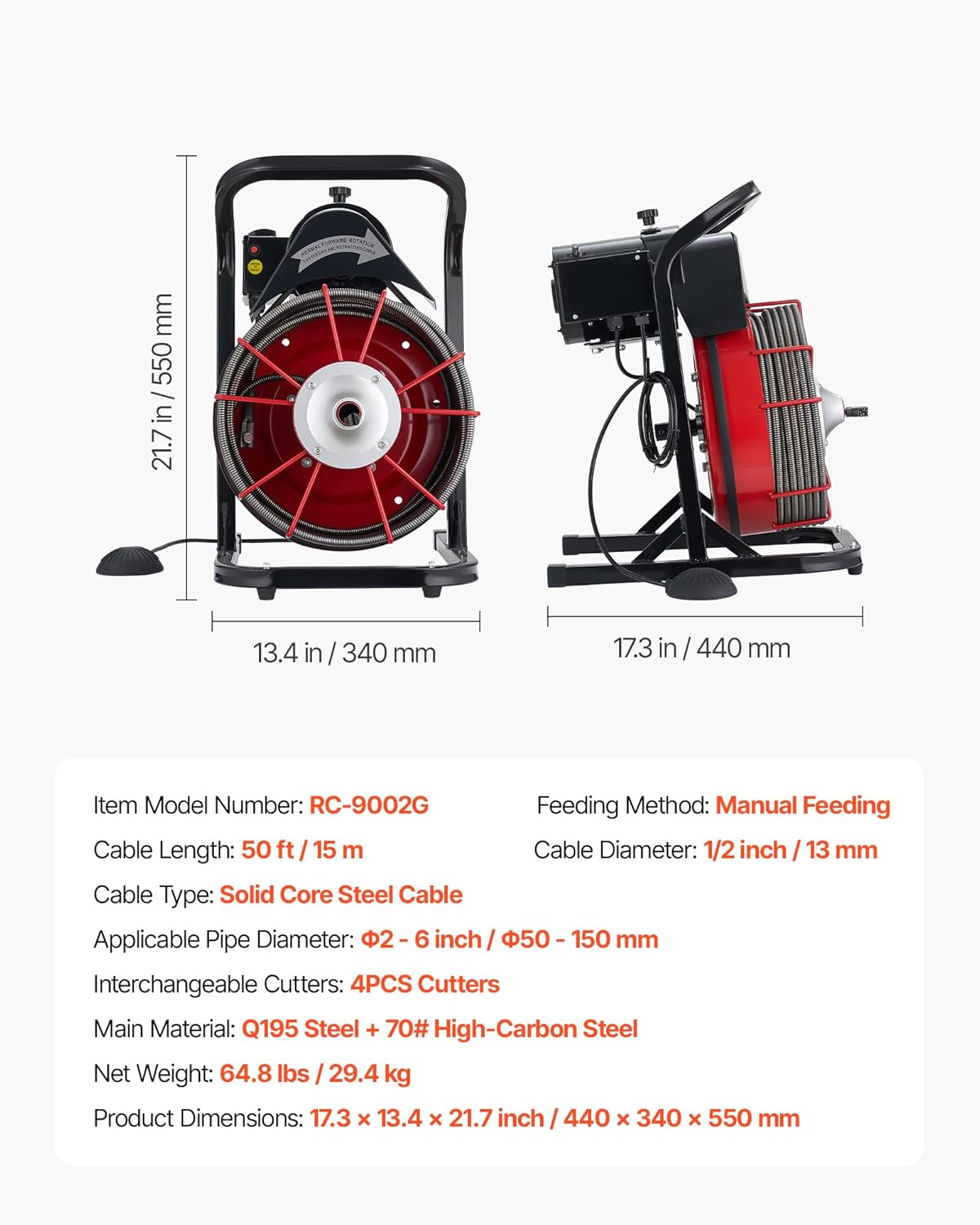 VEVOR Drain Cleaner Machine 50 FT x 1/2 Inch, Sewer Snake Auger Manual Feed with 4 Cutters & Air-activated Foot Switch for 2