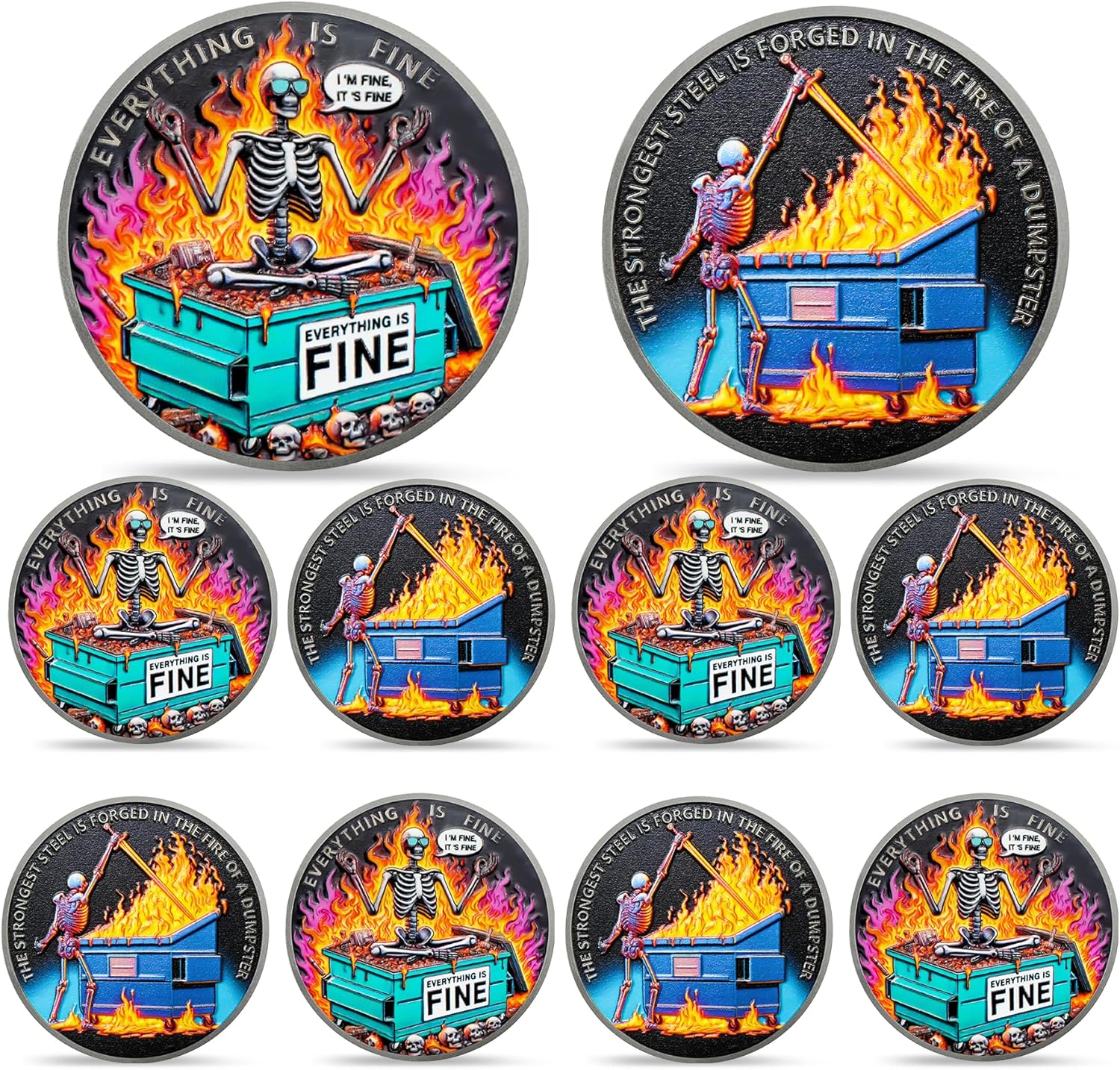10pcs Colorful Skull Dumpster Fire Challenge Coin - The Strongest Steel is Forged Dumpster Fire Coin - Funny Desk Accessories for Work - Hilarious Coworker Go Away Token - Inspirational Gifts for All