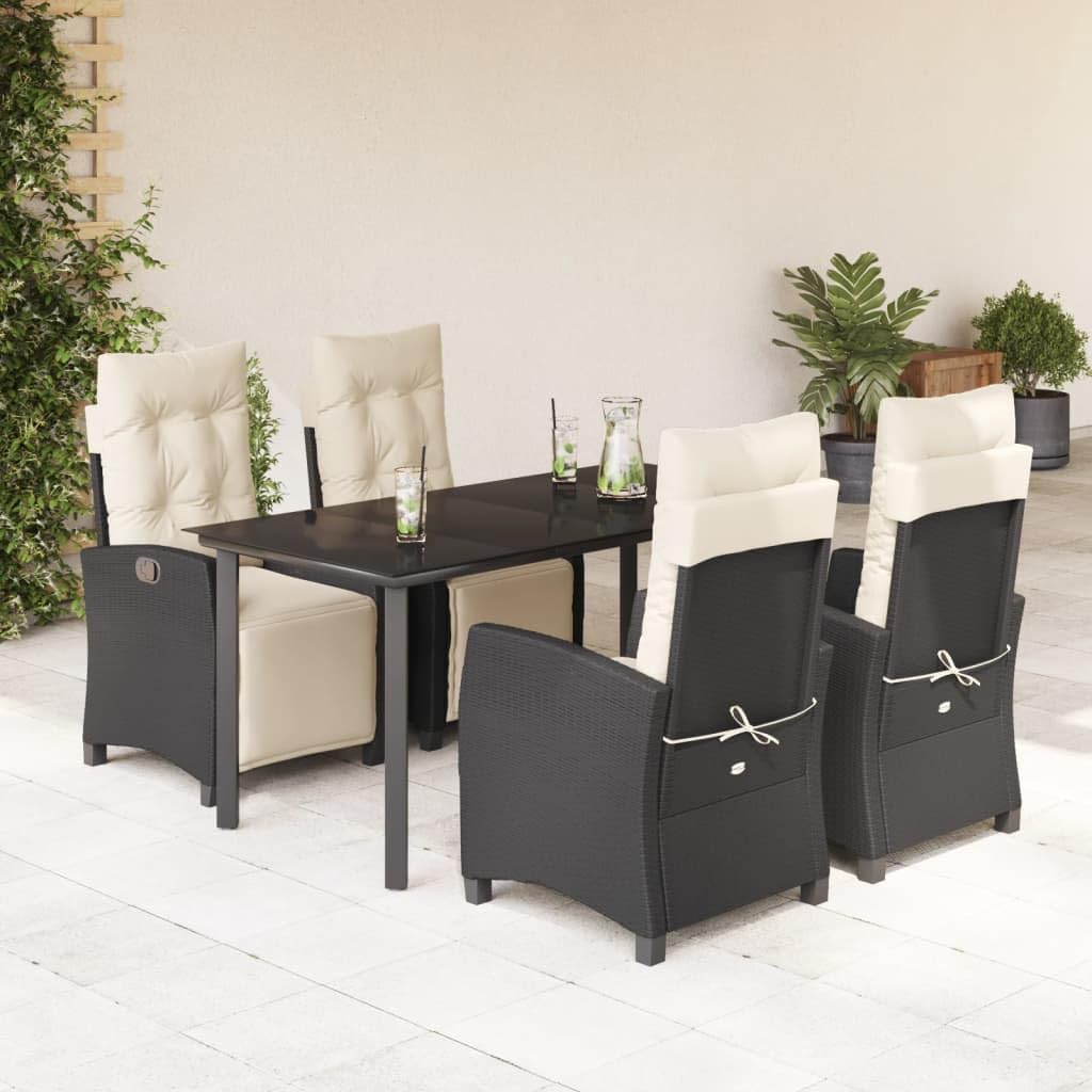 5 Piece Patio Dining Set with Cushions Black Poly Rattan Garden Furniture