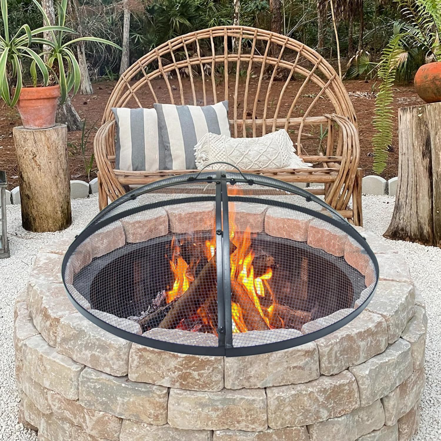 Heavy-Duty Metal 36 INCH Round Fire Pit Spark Screen Cover Mesh Screen Guard with Ring Handle for Outdoor Patio Backyard, Black