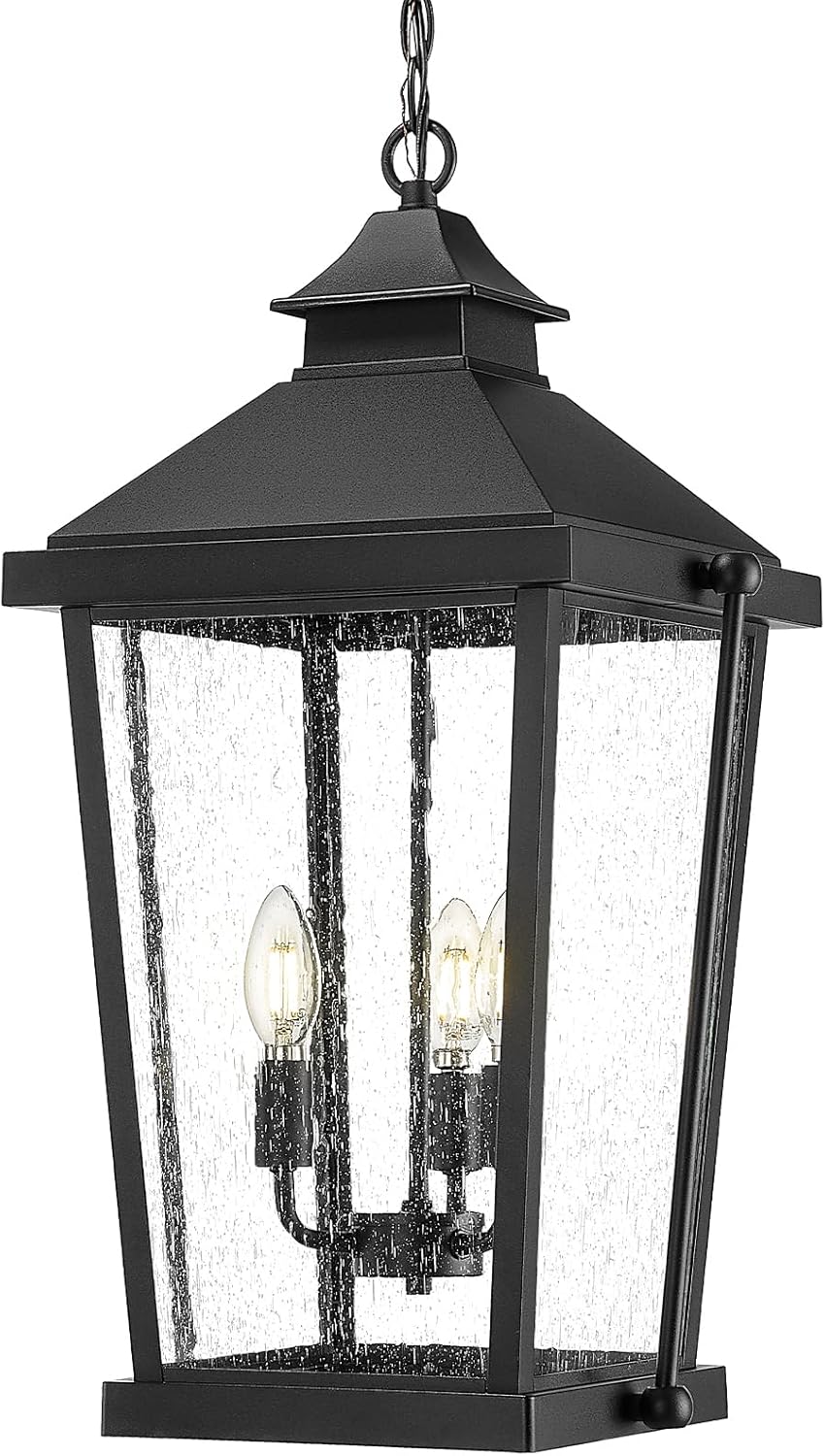 zeyu 23.5'' Outdoor Pendant Light, 3-Light Large Outdoor Hanging Light Fixture for House Garden, Die-Cast Aluminum in Seeded Glass, Black Finish, ZW105H-L BK