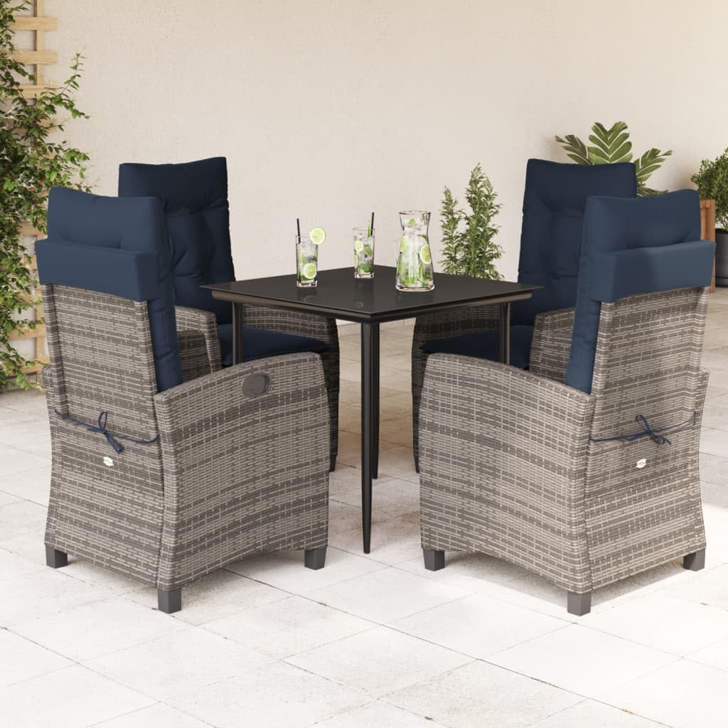 5 Piece Patio Dining Set with Cushions Gray Poly Rattan,Versatile Outdoor Dining and Relaxation Set with Adjustable Backrests Patio Furniture Sets, Outdoor Furniture Sets