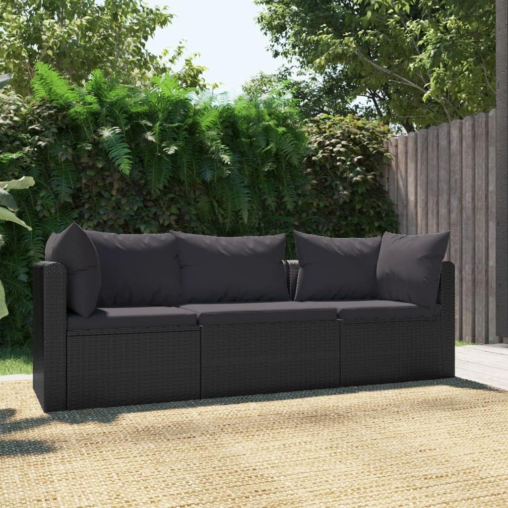 3 Piece Patio Sofa Set with Cushions Poly Rattan Black,Elegant Poly Rattan Sofa Set Comfortable and Weather Resistant for Patios Patio Furniture Sets, Conversation Sets