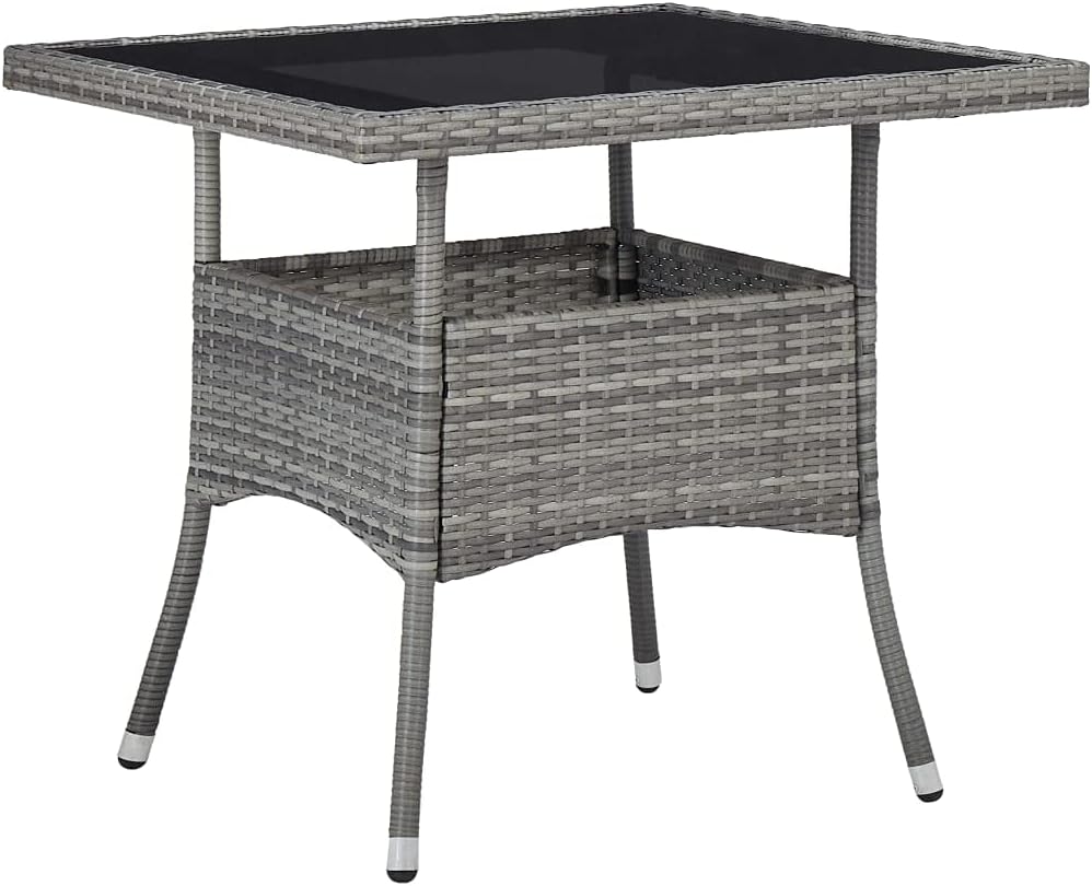 Patio Dining Table Gray Poly Rattan and Glass,Patio Dining Table with Glass Top for Outdoor Use, Square 4Person Rattan Table for Backyard and Porch Outdoor Tables, Furniture & Accessories for Patio