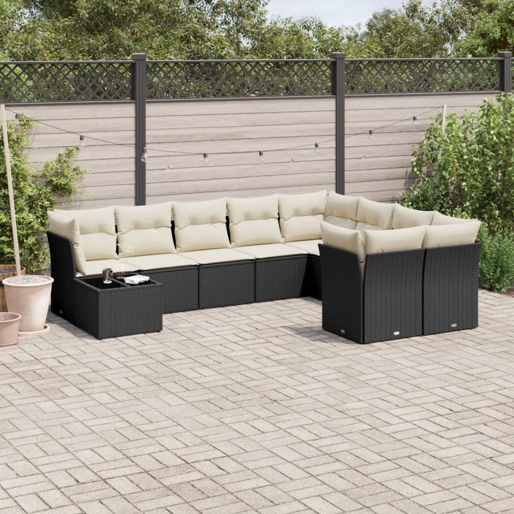 10 Piece Modern Garden Sofa Set Black Cream, Modular Outdoor Furniture with Water-Resistant Cushions, Durable PE Rattan and Steel Frame for Patio, Balcony, Terrace Seating