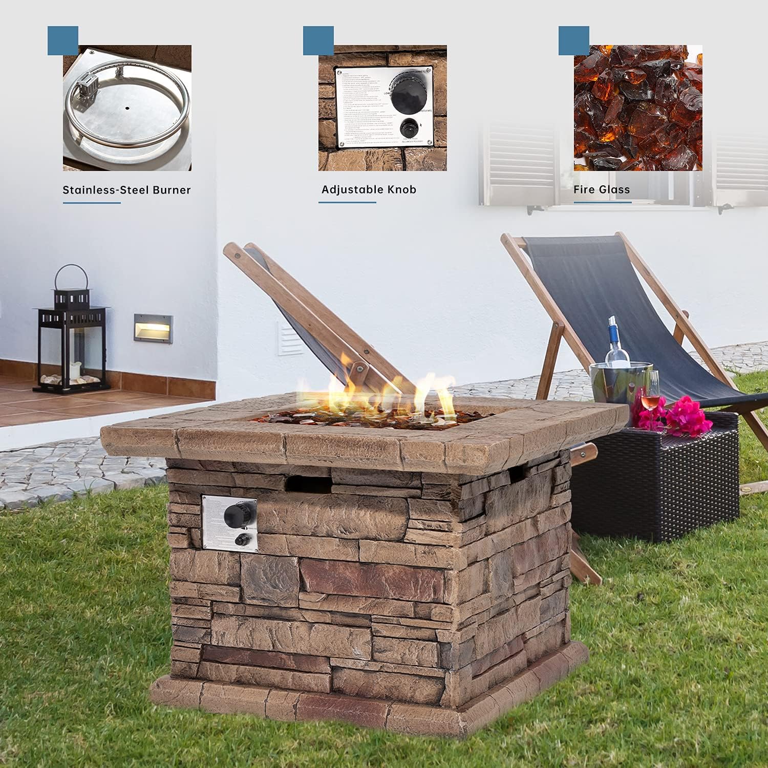 HOMPUS Propane Fire Pit, 32-inch Square Concrete Fire Table with Amber Yellow Fire Glass and Rain Cover for Outdoor Leisure Party, 50,000 BTU Gas Fire Pit for Patio, Deck or Backyard, CSA Certified