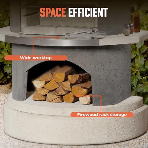 Concrete Outdoor Fireplace with Grill, Wood Burning Fireplace with Wood Storage and Chimney, Include Grill Rack & Charcoal Pan, 36.6
