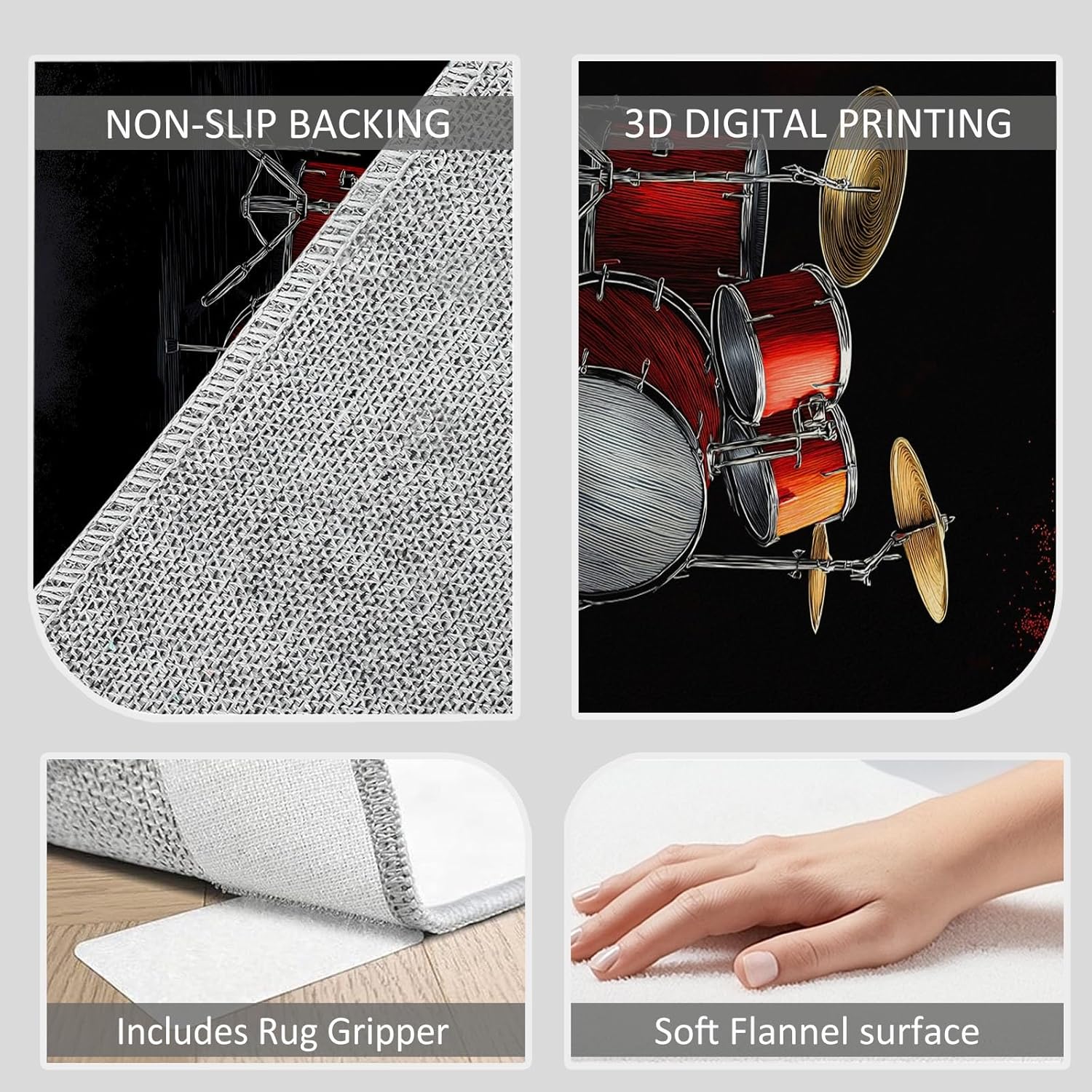 4x6 ft Area Rug for Bedroom, Washable Rugs for Living Room, Musical Instruments Drum Kit Notes Indoor Faux Wool Kids Rug Black Throw Carpets Soft Low Pile Mat for Bedside Entryway