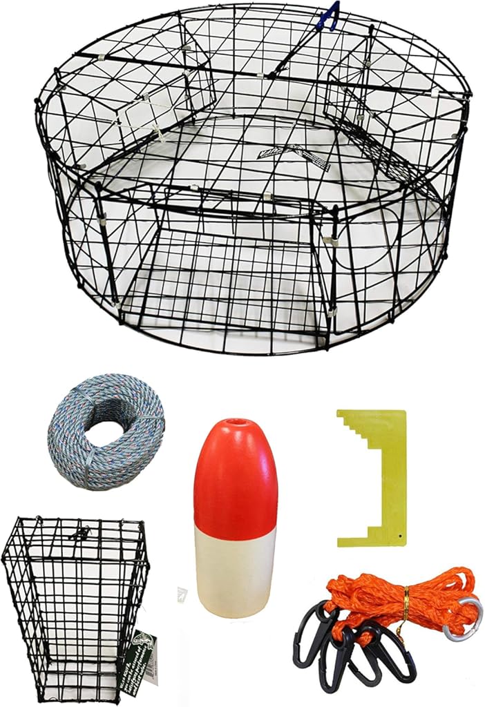 KUFA Vinyl Coated Round Crab Trap & Accessory Kit (100' Lead Core Rope, Caliper,Harness,Metal Bait cage & 11