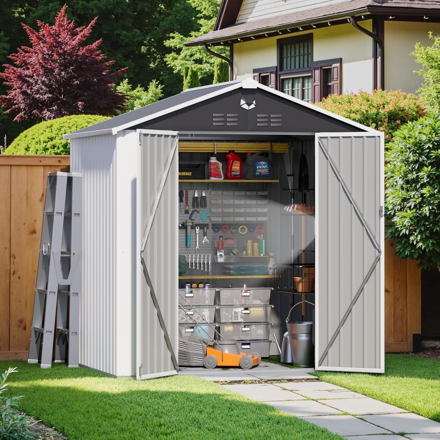 Metal Storage Shed,Outdoor Storage Building 8x6,Large Backyard Shed with Lockable Door,Waterproof Outside Storage Shed，White
