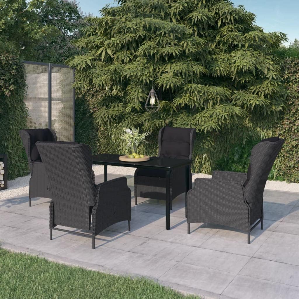 5-Piece Garden Dining Set, Dark Gray Poly Rattan Patio Furniture with Glass Top, Outdoor Table and Chairs for Balcony, Terrace, and Deck