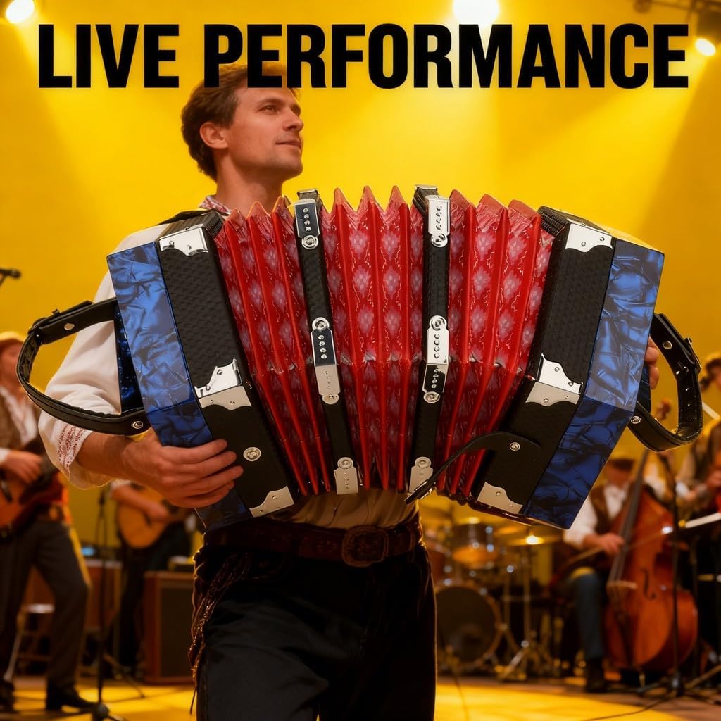 Concertina Accordion, Portable Professional Musical Instrument, Solid Wood Leather Celluloid, 18 x 17 x 17cm, 3 Colors - Adjustable Hand Strap, Beginner Friendly, Ideal for Adult (Jewel Blue)