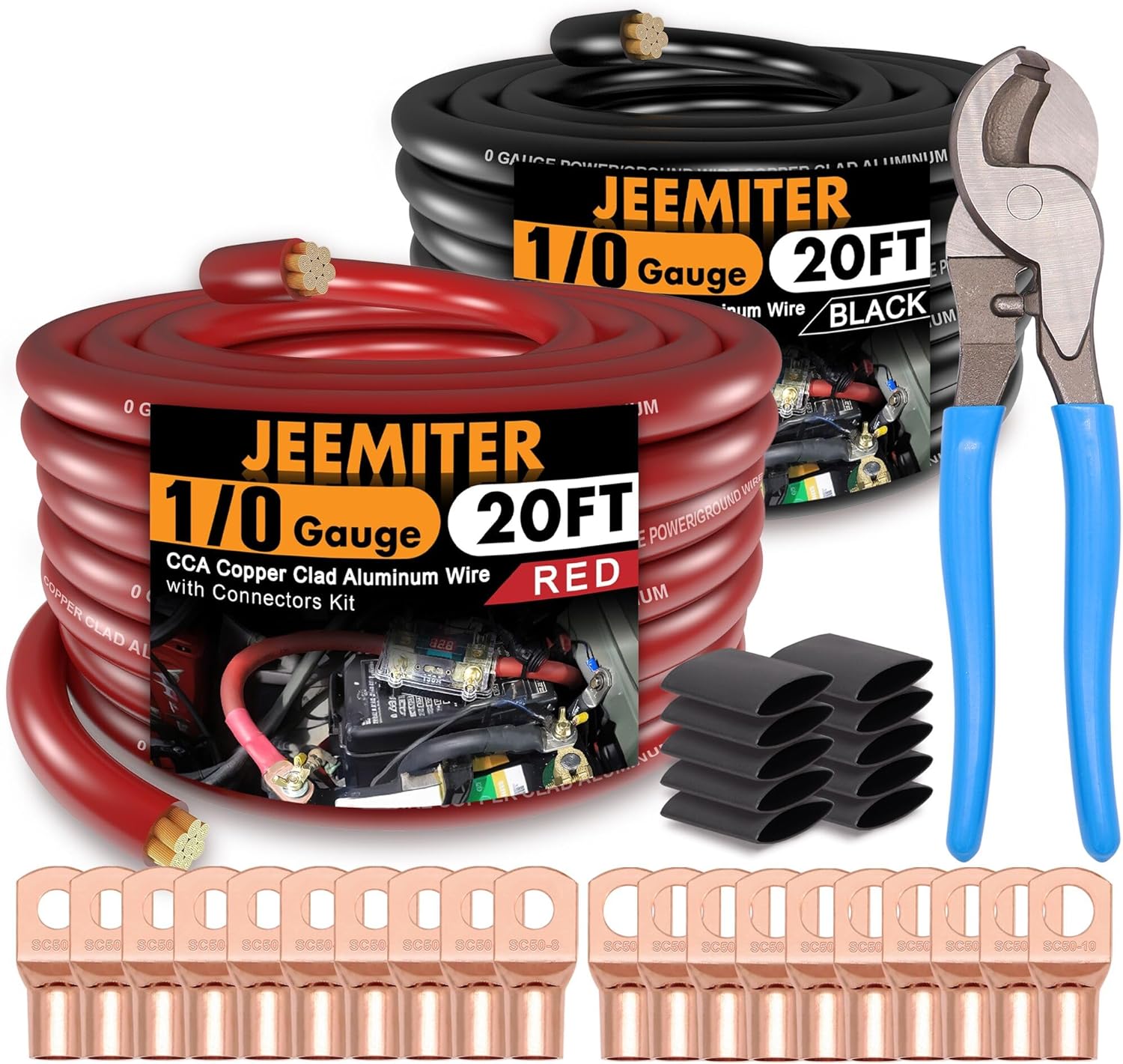 Jeemiter 1/0 Gauge CCA Wire Kit - 20ft Red & 20ft Black with Free Wire Cutter | Car Amplifier Power & Ground Cable for Big 3 Upgrade, Solar, RV