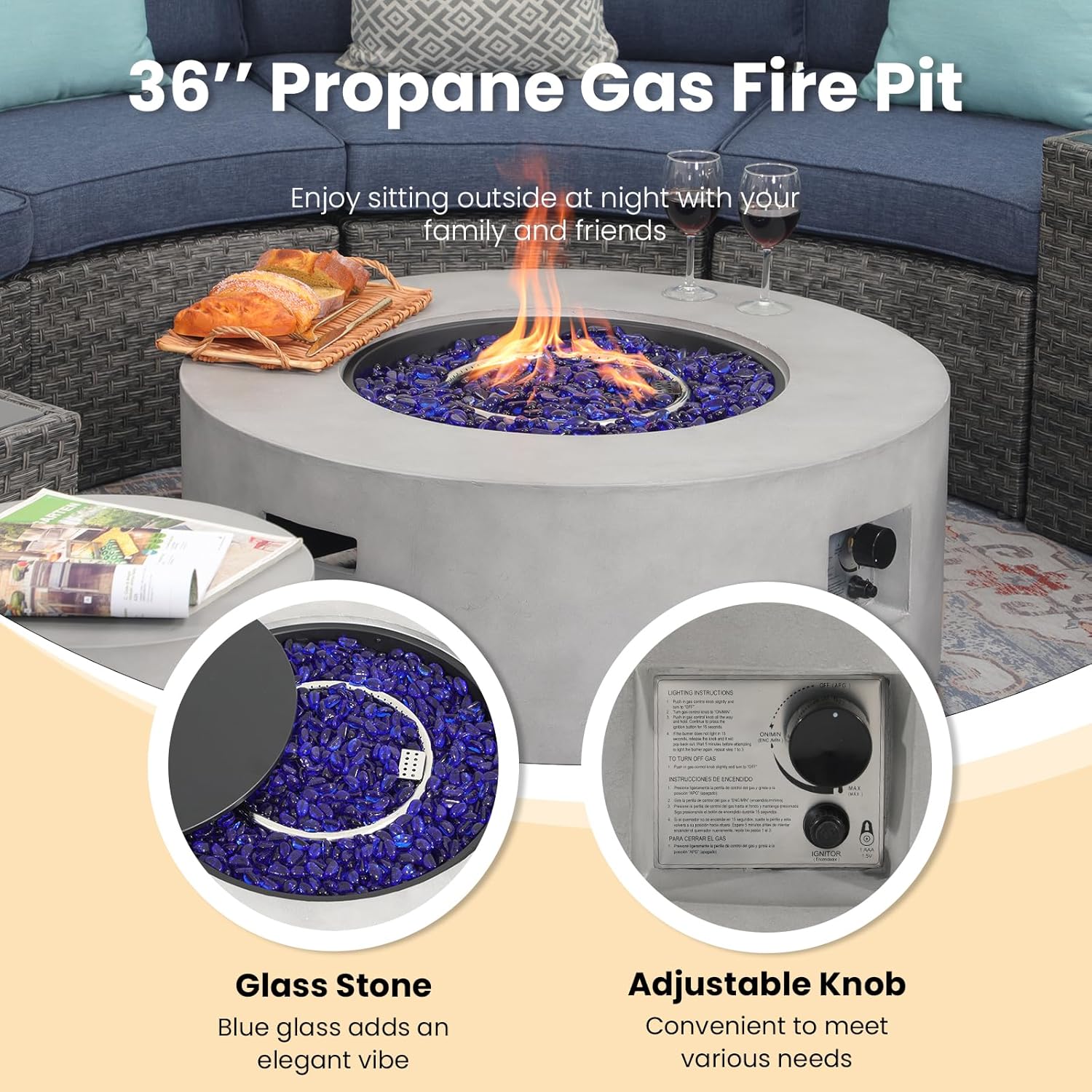 SUNSITT Outdoor 36’’ Propane Fire Pit Table 50,000 BTU Round Patio Propane Firepit Table, Pit Cover, Metal Lid & Fire Glass, Grey Finish