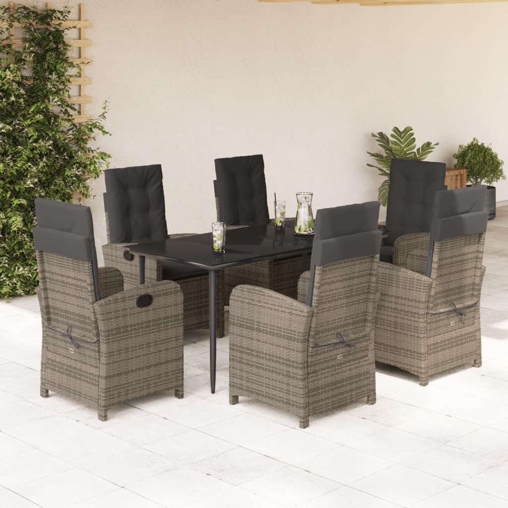 7 Piece Patio Dining Set with Cushions Gray Poly Rattan,Premium Outdoor Dining Set with Adjustable Reclining Chairs and Tempered Glass Tabletop Furniture Sets for Patio, Lawn & Garden