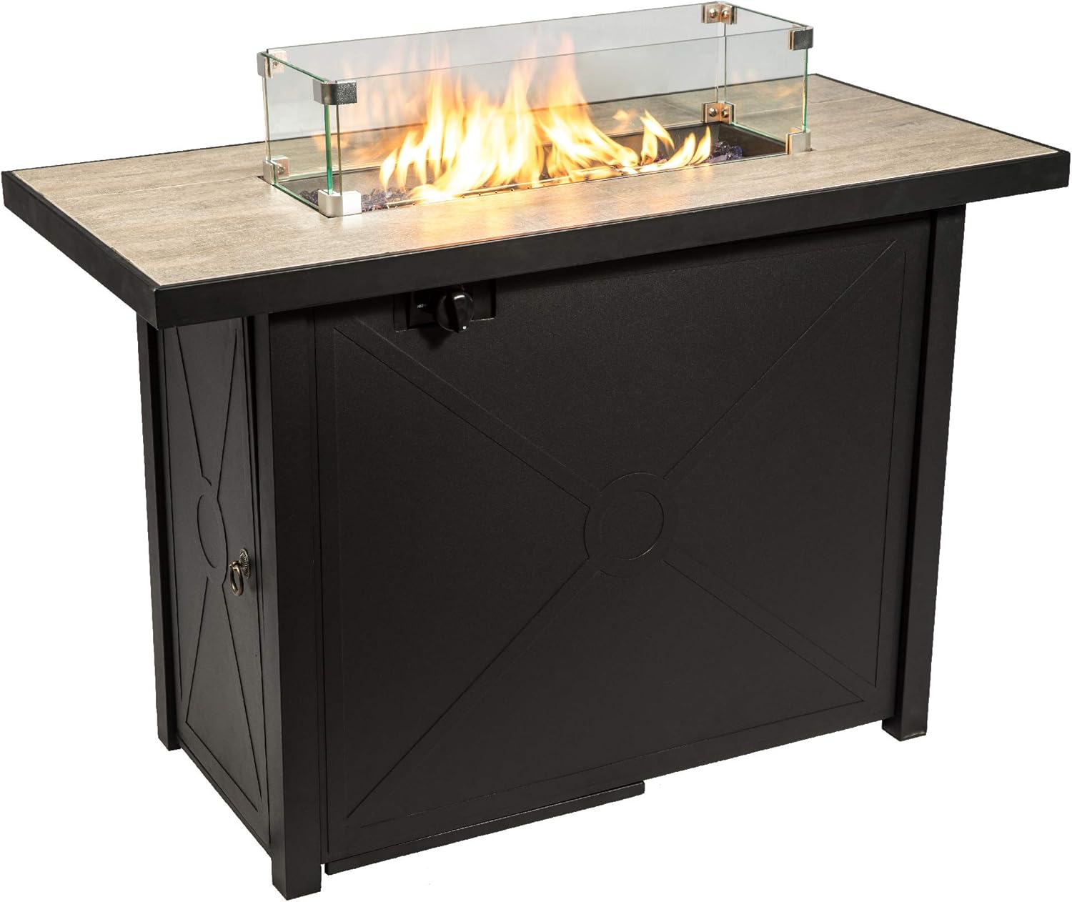 Teamson Home 40,000 BTU Rectangular Steel Outdoor Fire Pit Table Outside Propane Gas Firepit Tabletop with PE Wicker Base, 8.8 Pounds Lava Rocks, and PVC Cover for Patio Deck Backyard, 42 Inch, Black