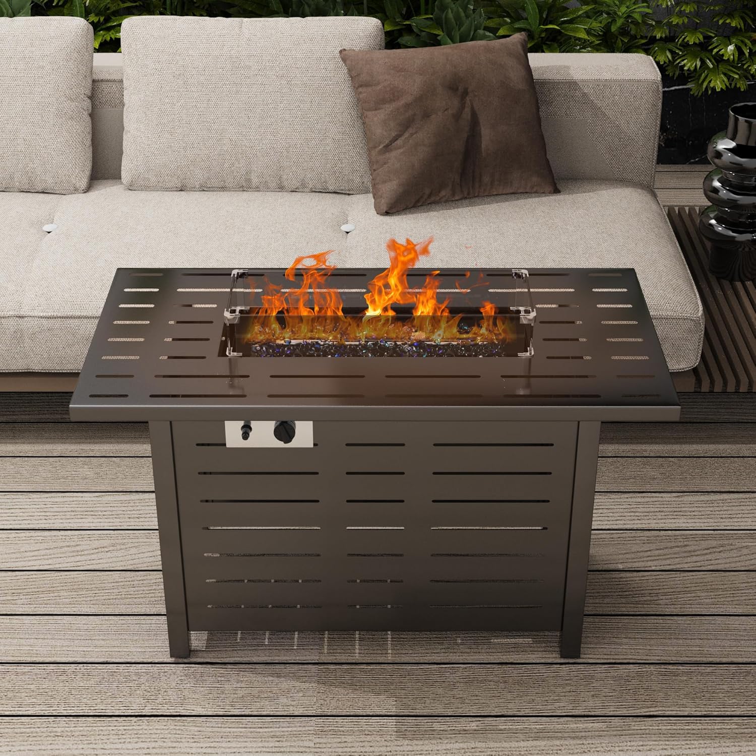 43 Inch Propane Fire Pits, Fire Pit Table, 50,000 BTU Outdoor Gas Fire Pit Included Glass Wind Guard, Steel Lid and Lava Rocks for Patio Garden, Black
