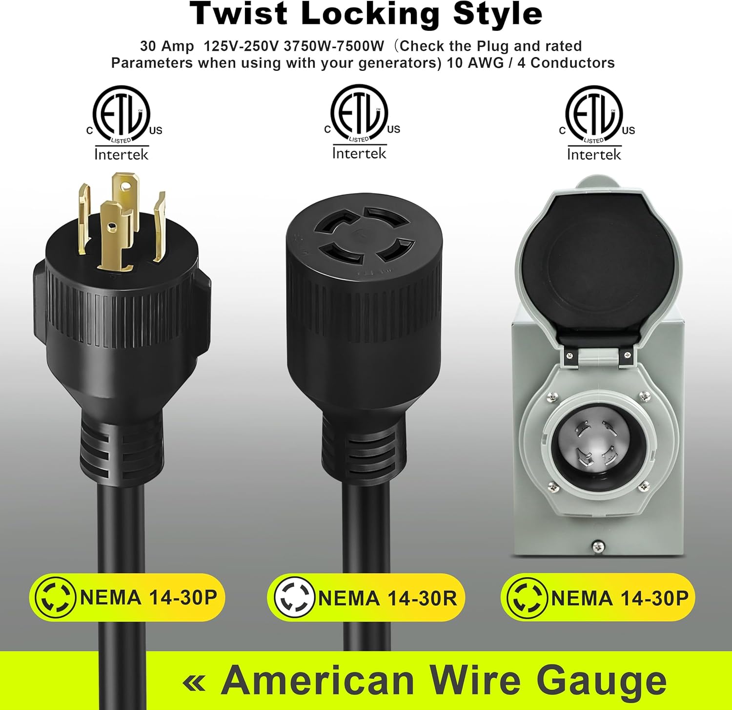 30 Amp Generator Cord and Generator Power Inlet Box Pre-Drilled, Generator Cords 25FT, 30 Amp 125V/250V Generator Power Cord NEMA 14-30P to 14-30R, Twist Locking Connector