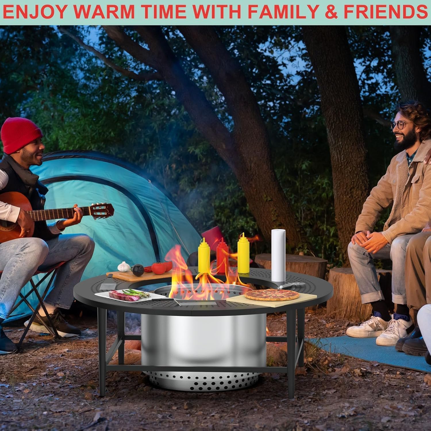 38 Inch Fire Pit Surround Tabletop for Solo Stove Bonfire/Ranger/Tiki Accessories, Smokeless Fire Pit Table & Dust Cover for Solo Stove and Other Wood Burning, Powder-Coated Steel Stove Table Surround