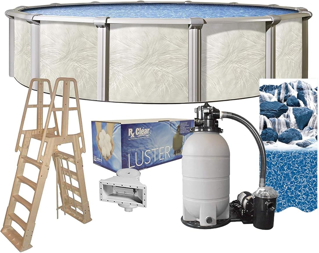 Fallston 15 ft Round Above Ground Swimming Pool Kit | 52 Inch Steel Walls | Bundle Includes: 25 Gauge Liner, A-Frame Ladder, Sand Filter System with Pump & Skimmer