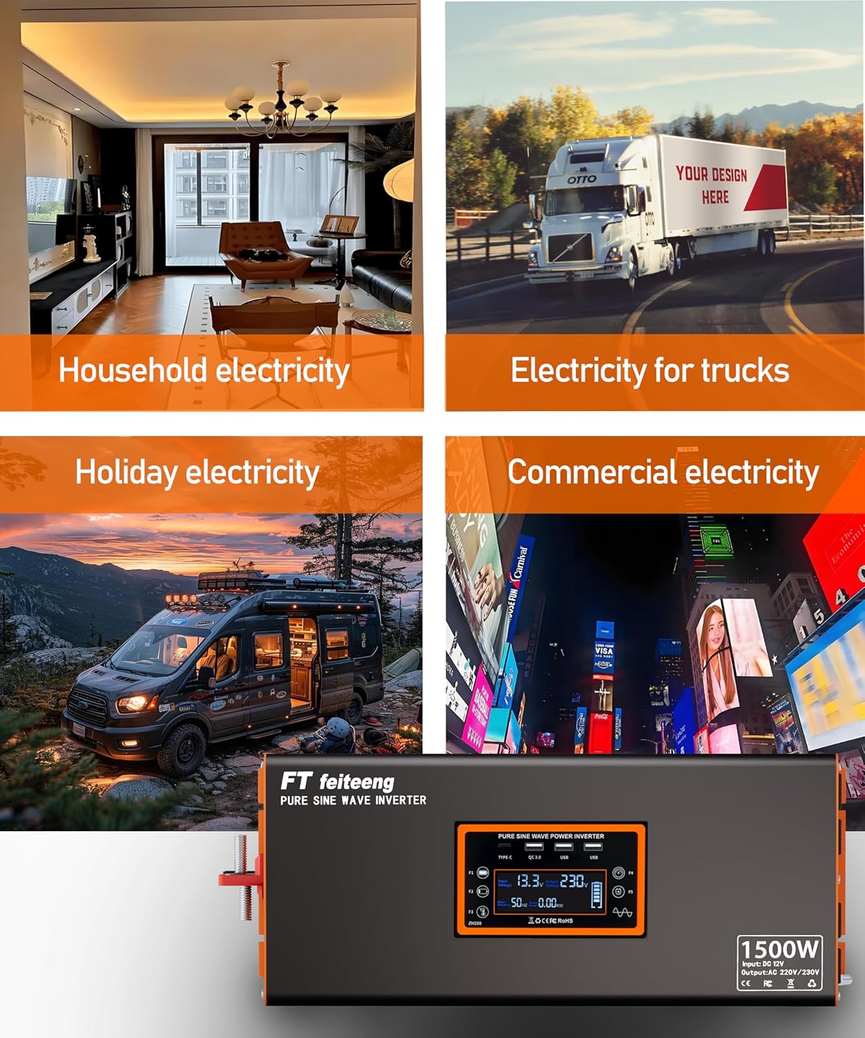 1500W Pure Sine Wave Inverter 12V to 120V AC, Solar Off-Grid & Outdoor Emergency Power, LCD Temp Control & Dual Fast Charger (RV/Truck/Camping)