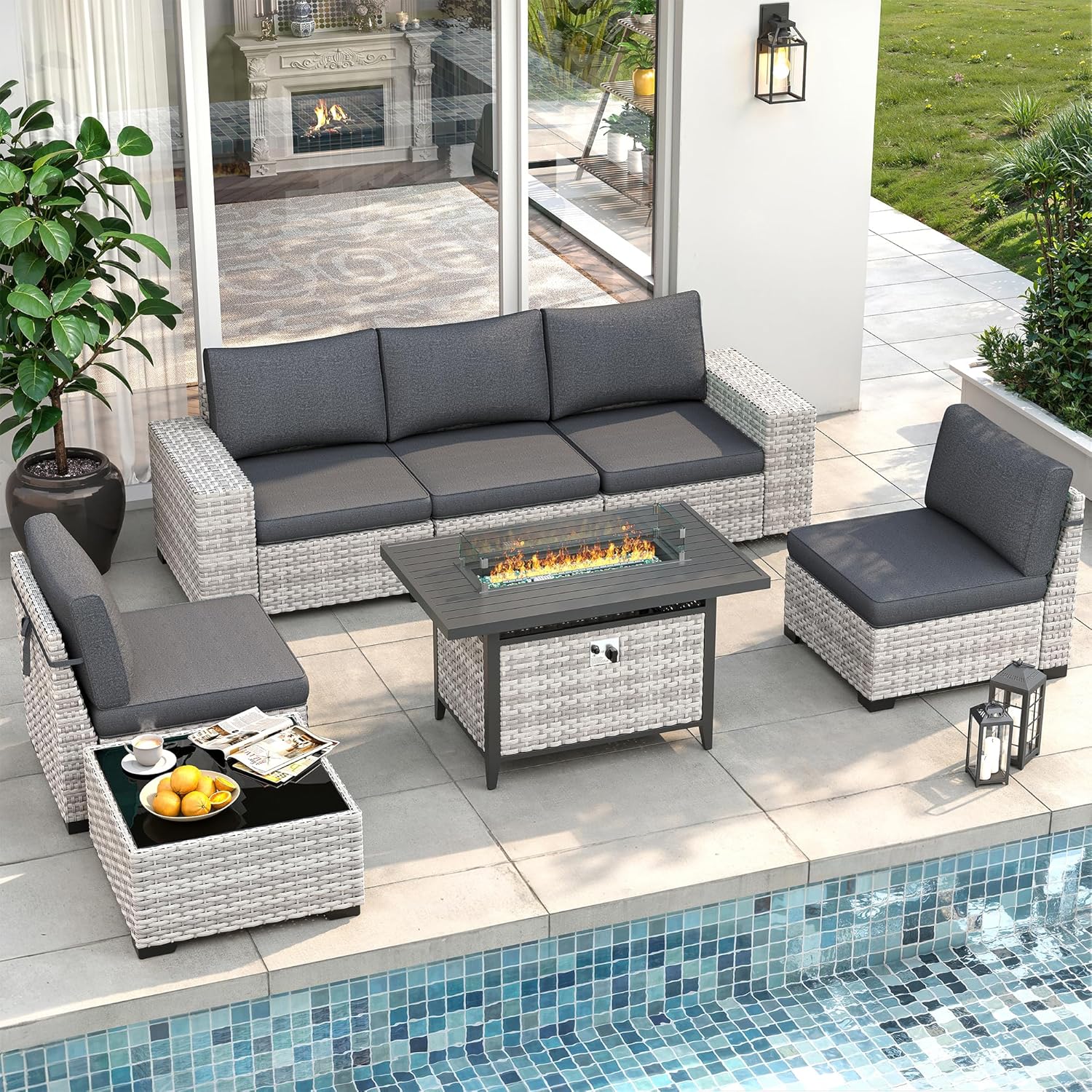 7 Piece Outdoor Wicker Rattan Sectional Sofa Set with Fire Pit Table, 5-Seats Conversation Set with 4