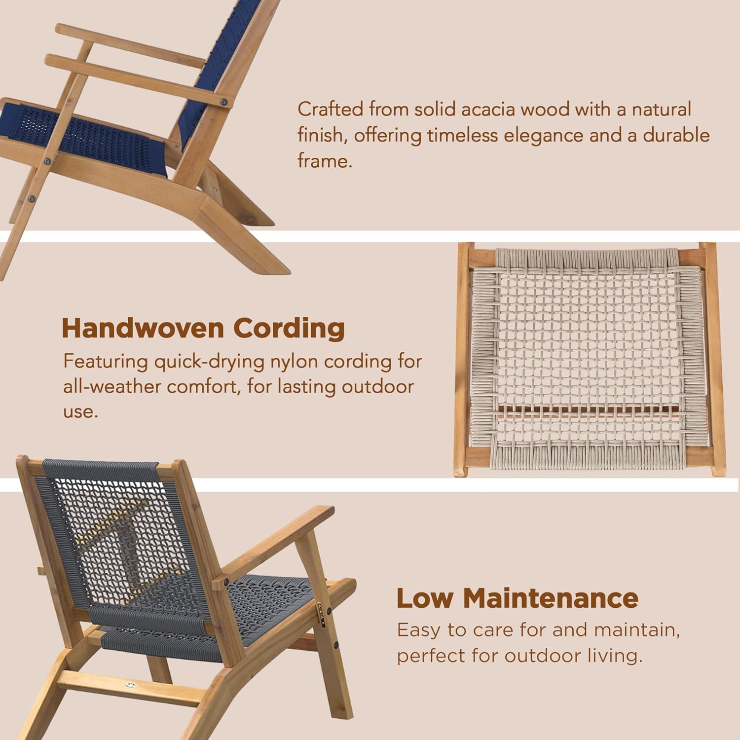 Balkene Home 62773 Vega Natural Stain Outdoor Chair Acacia Wood Construction Hand Woven Seat Mid Century Design Comfortable Reclining Armchair Patio Lawn Garden Backyard Deck - Ecru Cording