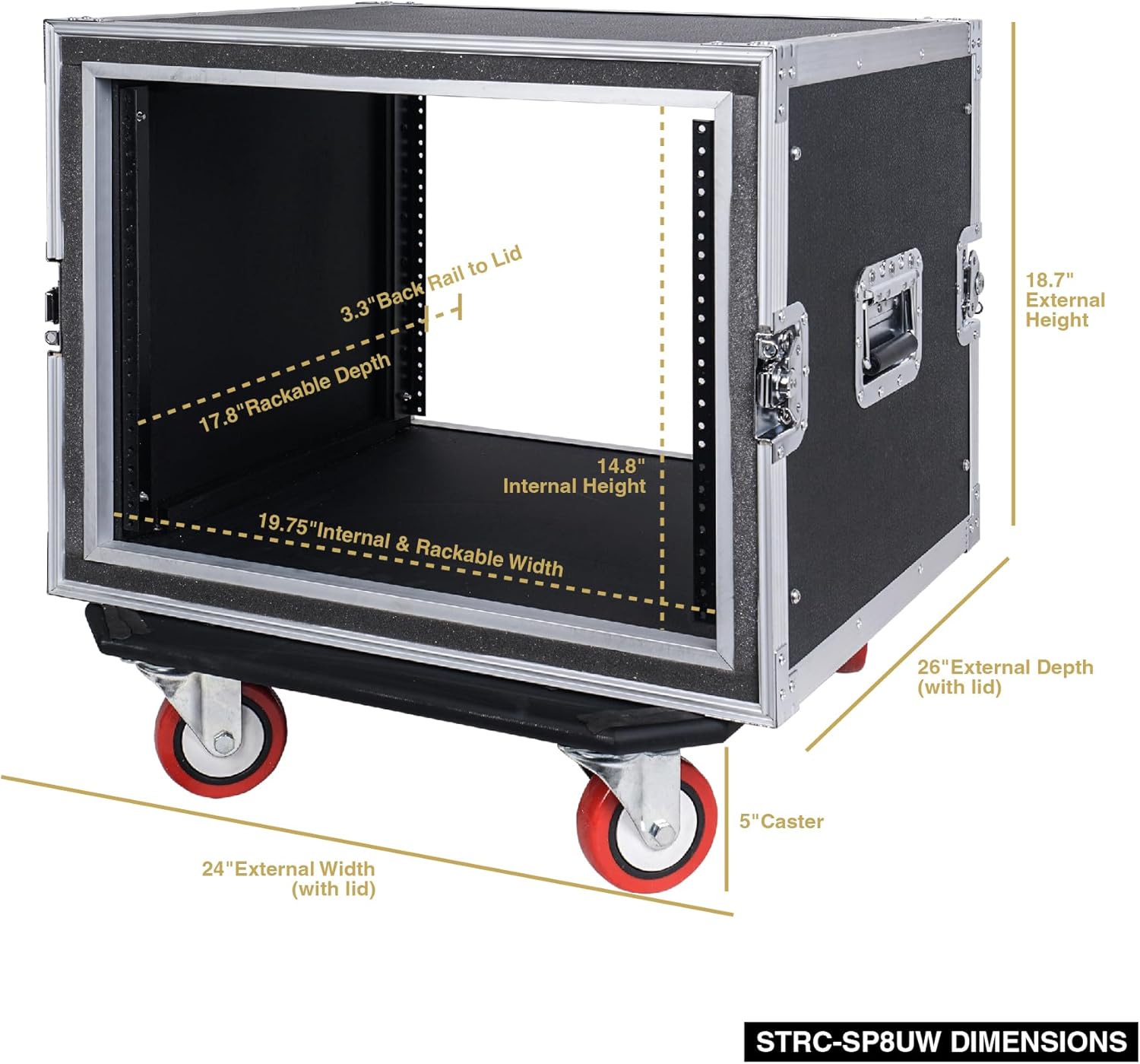Sound Town Shock Mount 8U ATA Rack Case with 17” Rackable Depth and Casters, 8-Space Size - Pro Tour Grade (STRC-SP8UW)